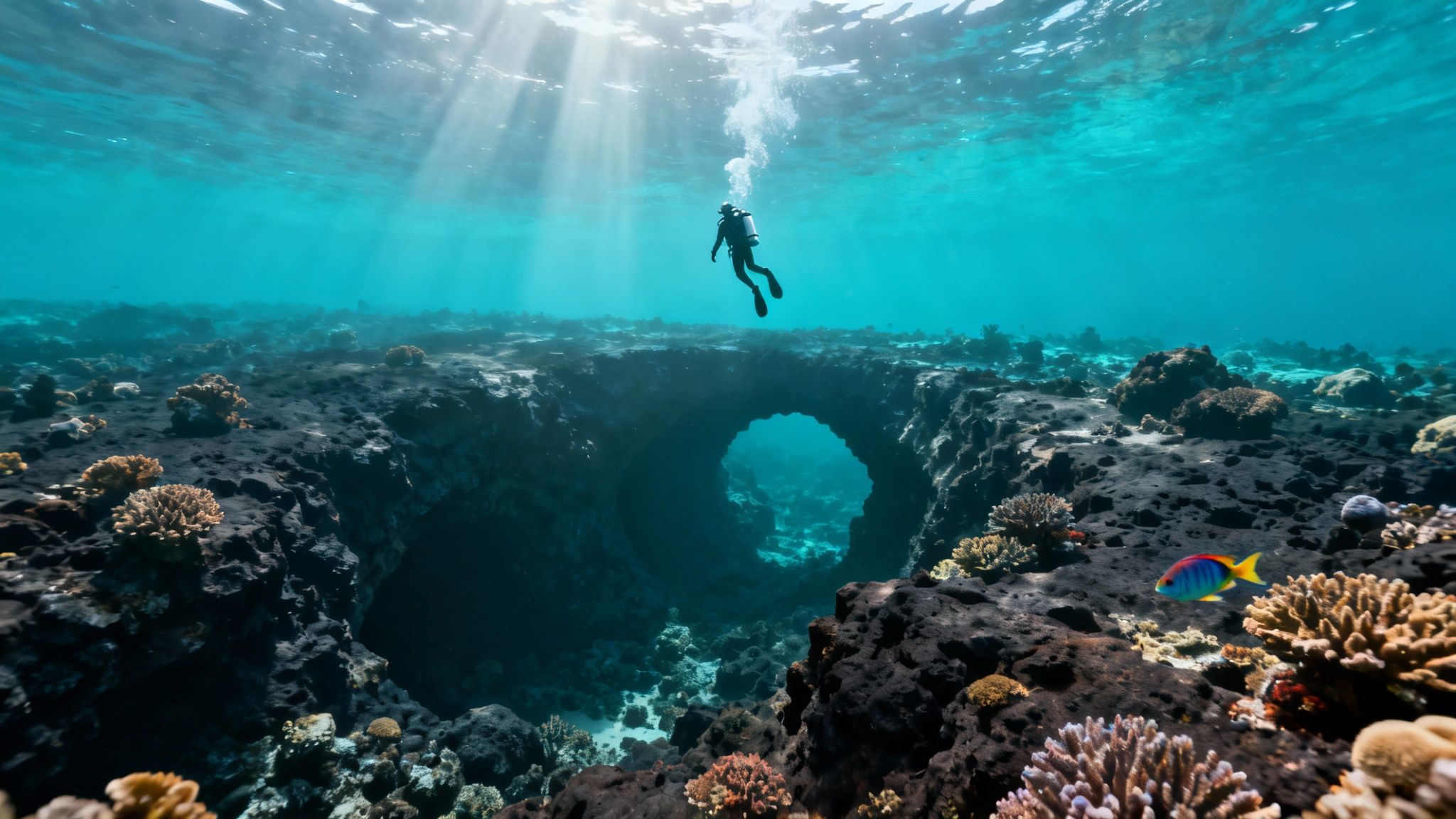 A scuba diver swims over a vibrant coral reef in clear blue water on the Big Island.