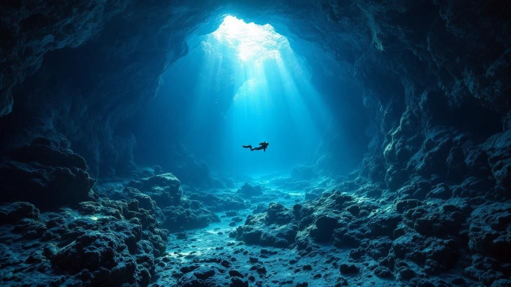 A diver explores the dramatic underwater lava tube formations known as the Cathedrals of Kona