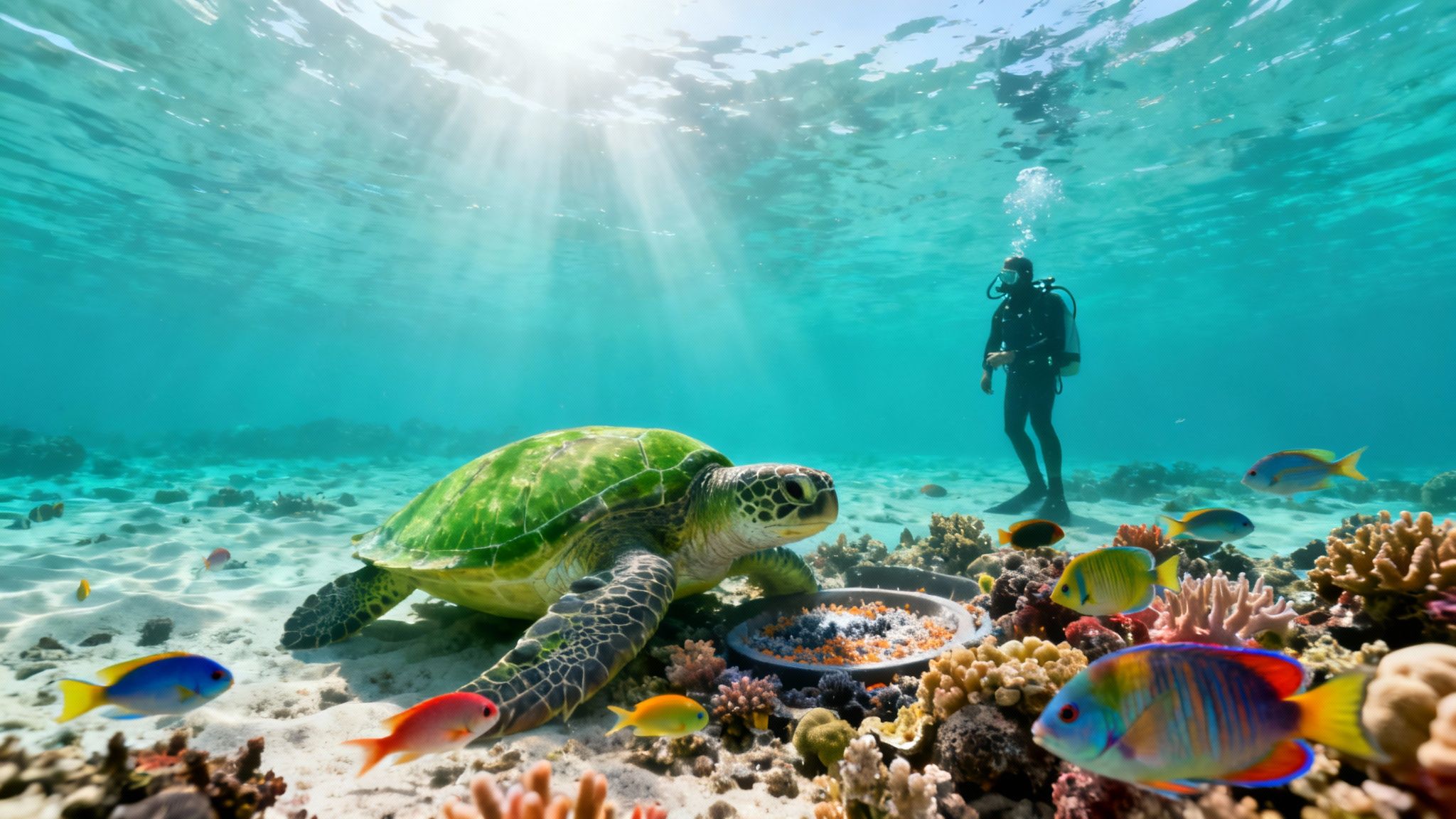 An underwater scene with a green sea turtle feeding near a scuba diver and colorful fish.