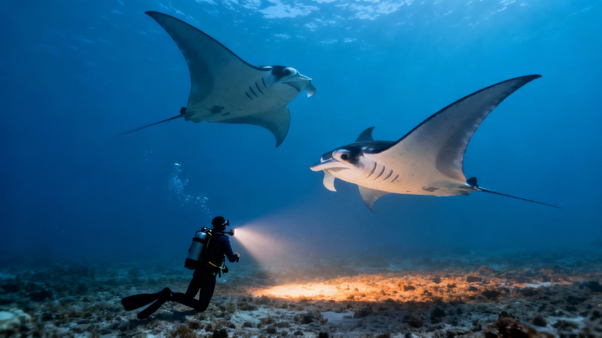 A scuba diver illuminates two giant manta rays during a night dive in Kona, Hawaii.