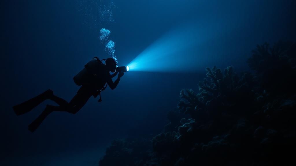 A giant manta ray glides gracefully over scuba divers at night.