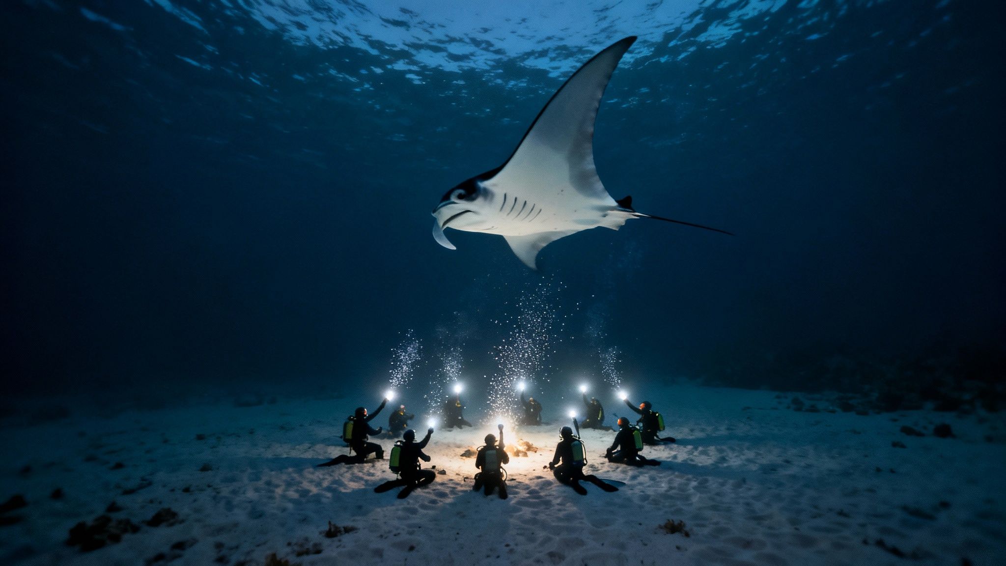 A manta ray gracefully swims over a group of divers whose lights illuminate the water from below.