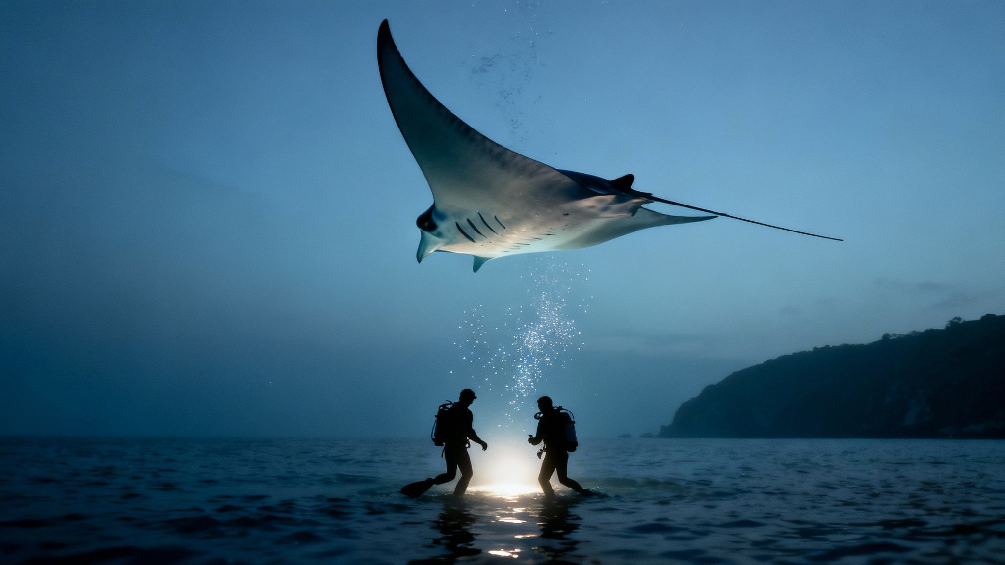 A manta ray gracefully swims near scuba divers during the world-famous night dive in Kona, Hawaii.
