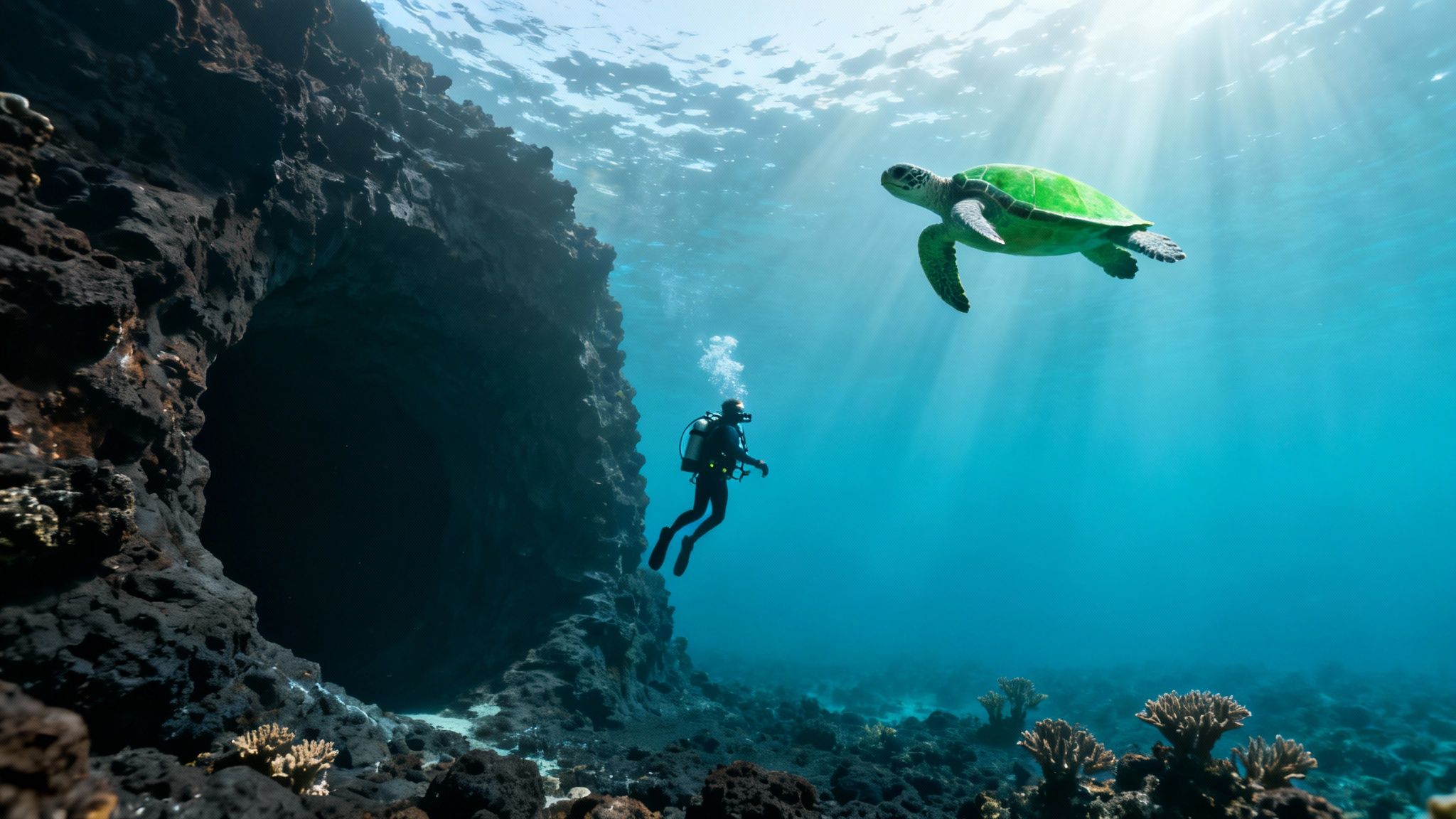 A scuba diver explores a coral reef with vibrant fish on the Big Island.
