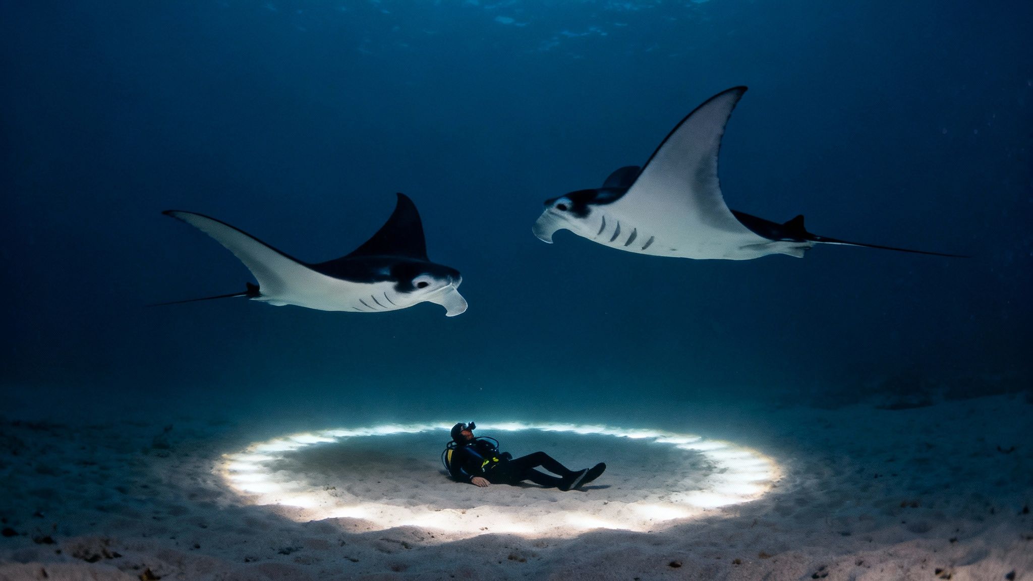 A scuba diver on the ocean floor looks up as a giant manta ray glides gracefully overhead, illuminated by dive lights in the dark water.