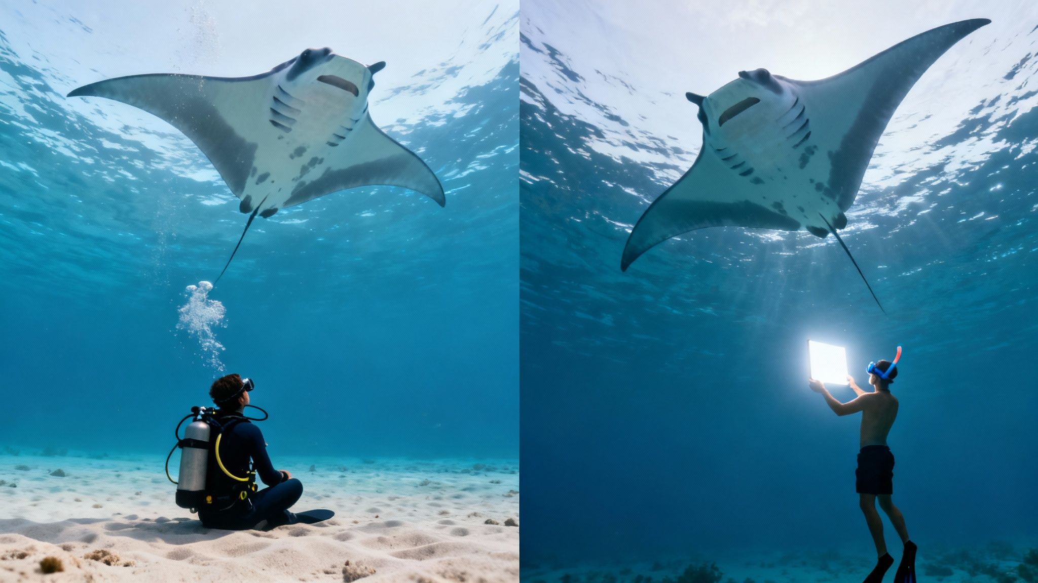 Two underwater scenes featuring a large manta ray swimming above a scuba diver and a snorkeler.