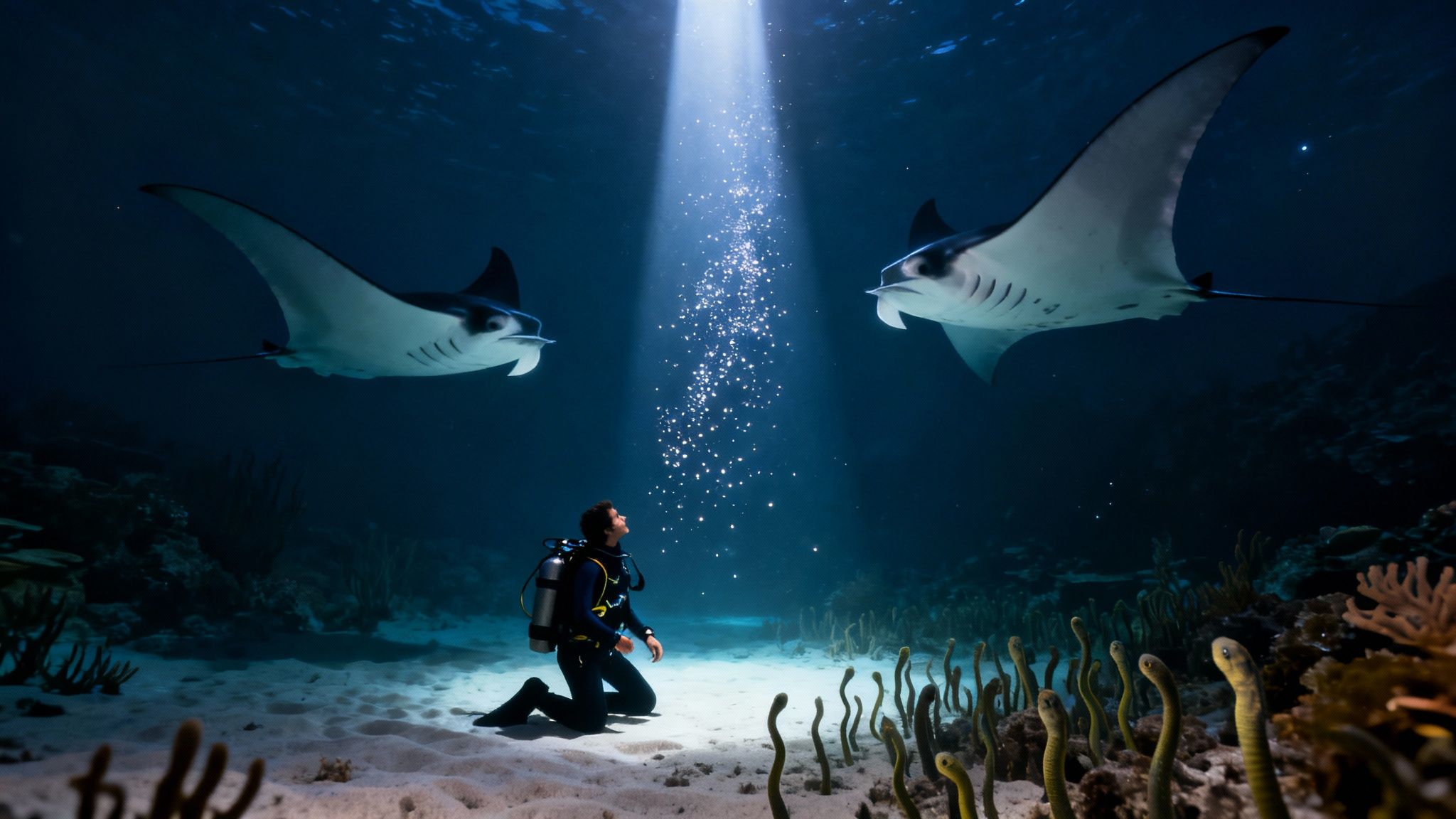 A diver kneels on the sandy seabed, looking up at two majestic manta rays swimming overhead in a beam of light.