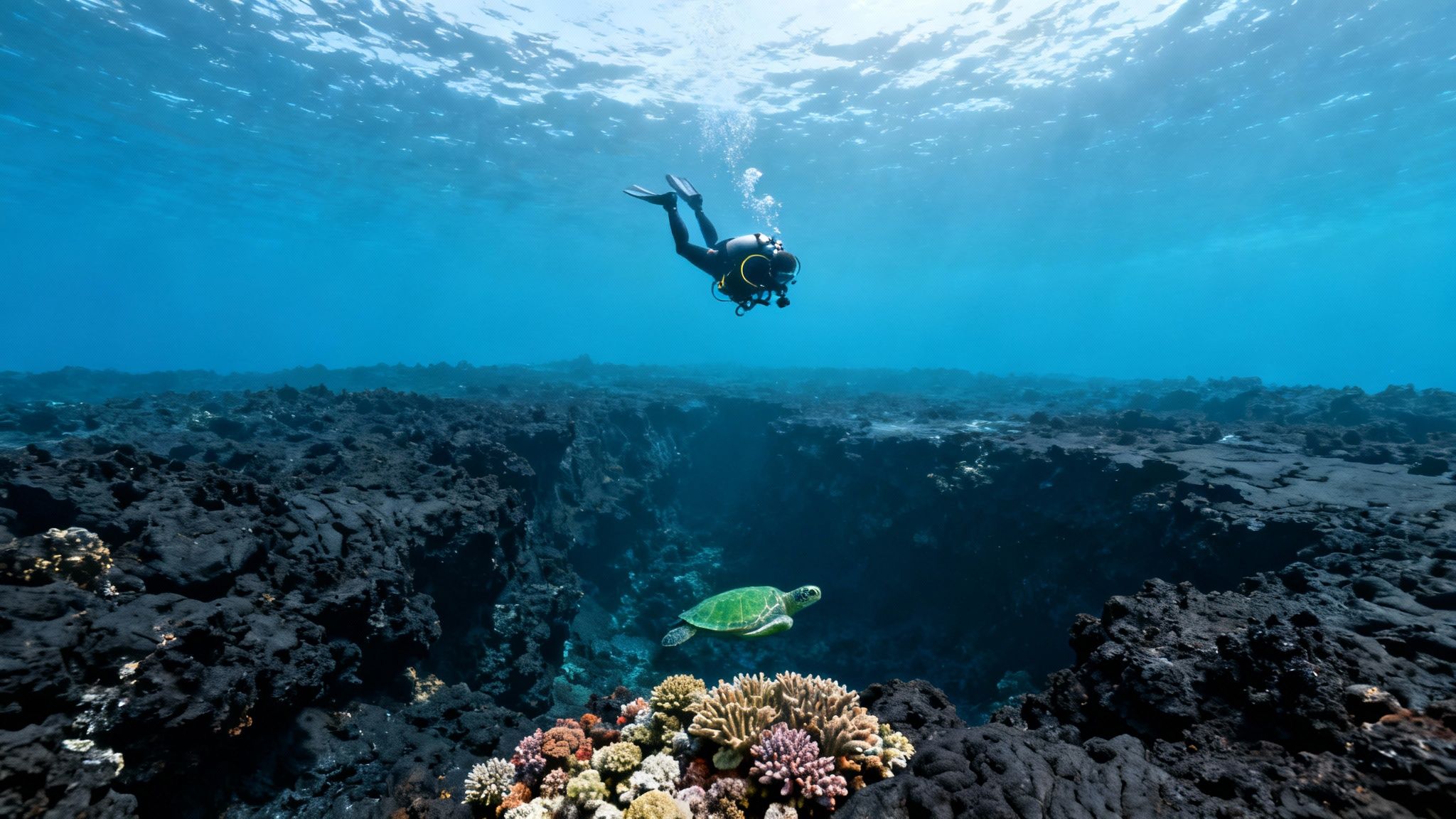 A scuba diver floats above a green sea turtle and vibrant coral in clear blue Hawaiian waters.