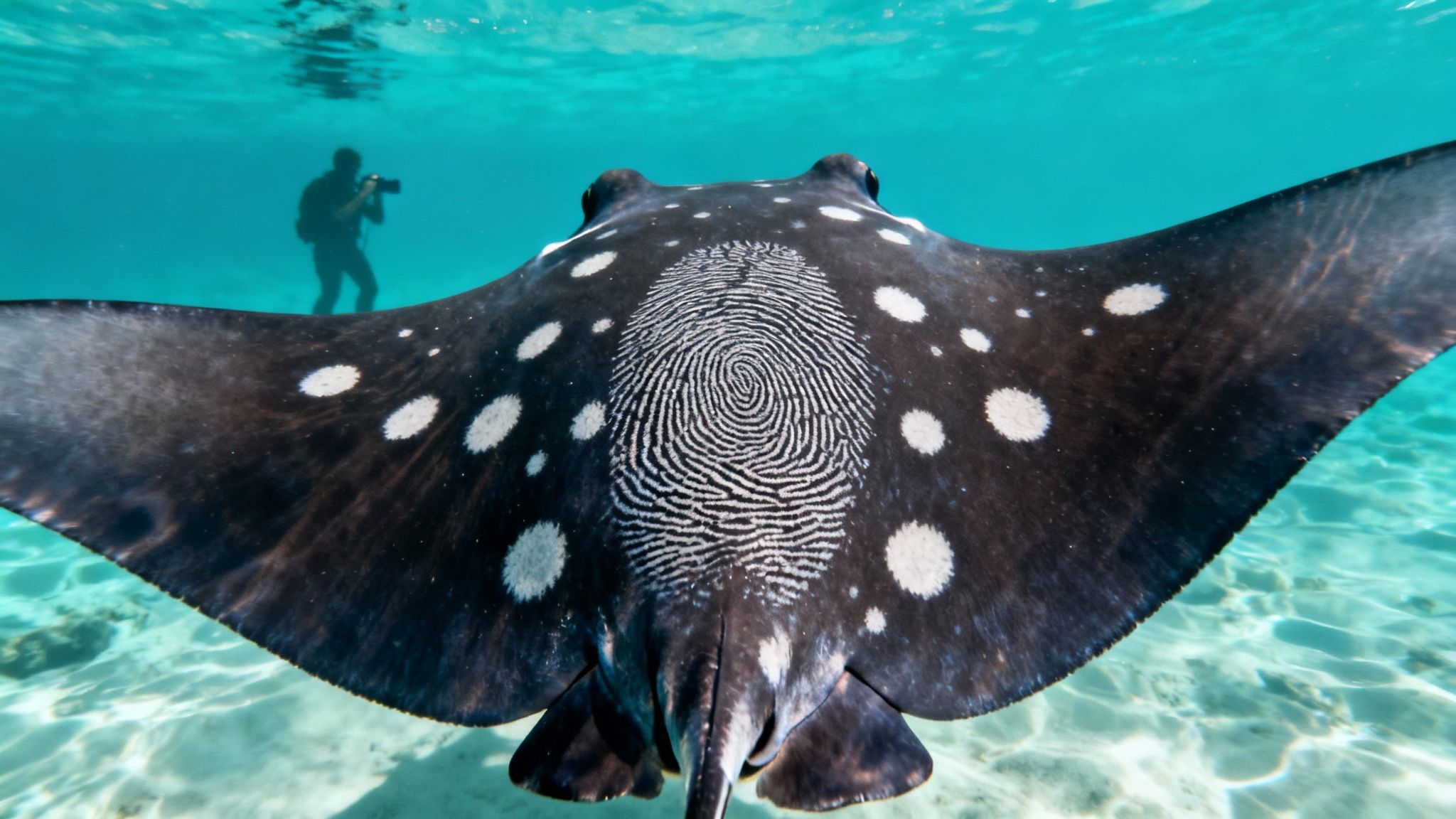 A majestic manta ray with a unique fingerprint pattern on its back swimming in clear blue water near a diver.