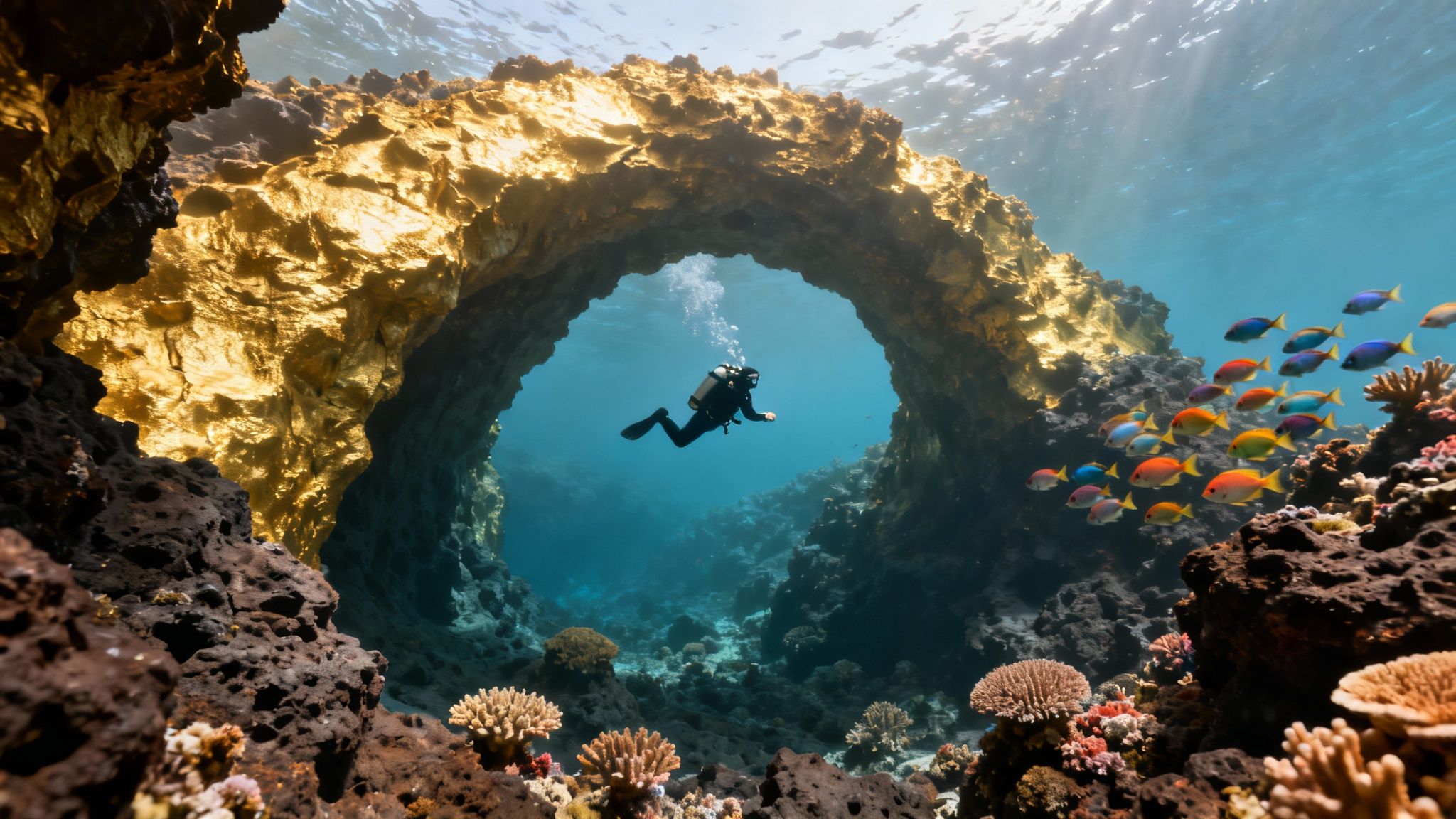 A scuba diver swims through a sunlit golden underwater arch with colorful fish and coral.