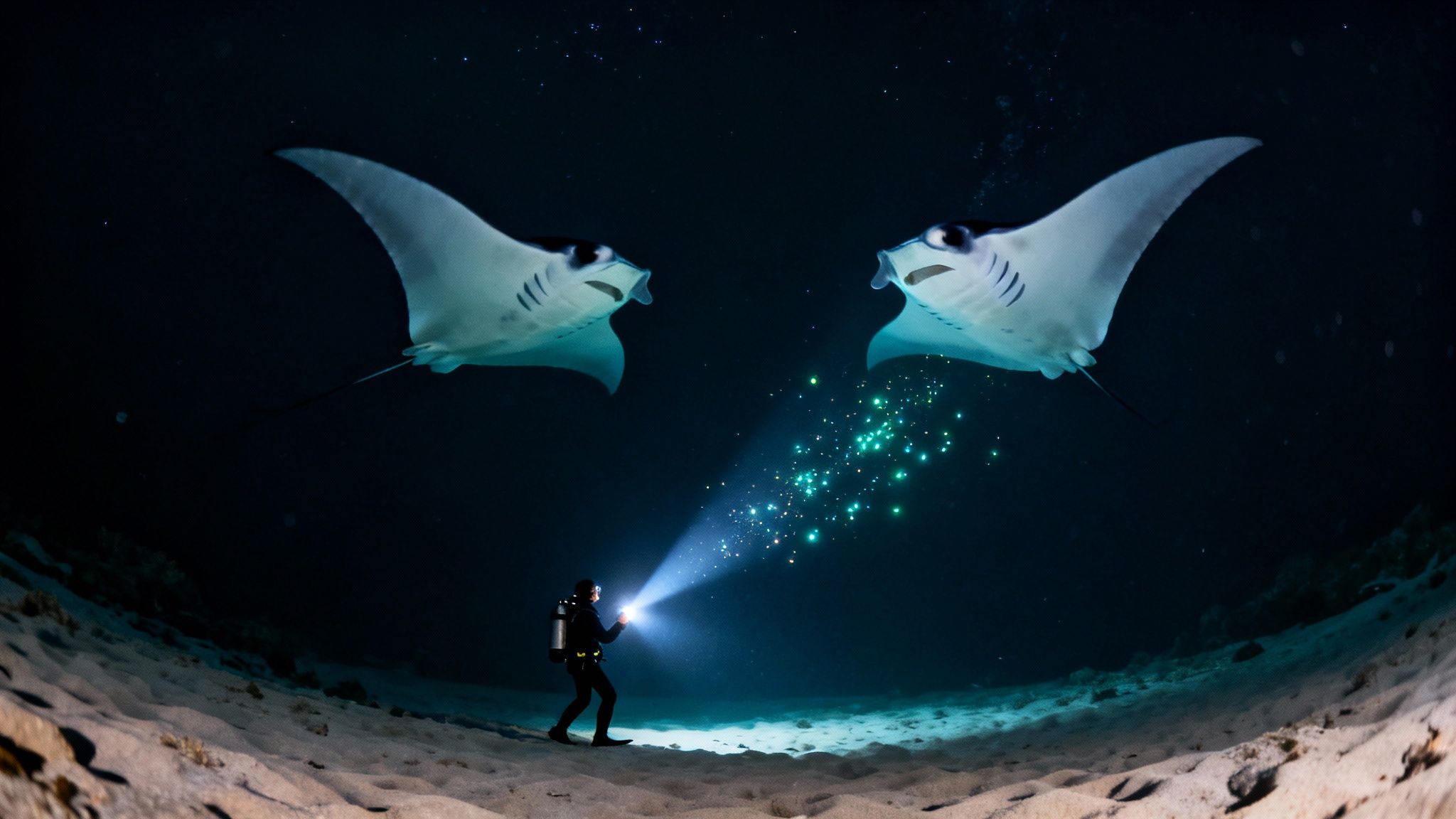 A diver on the sandy ocean floor shines a flashlight, attracting two manta rays and illuminating bioluminescent plankton underwater.