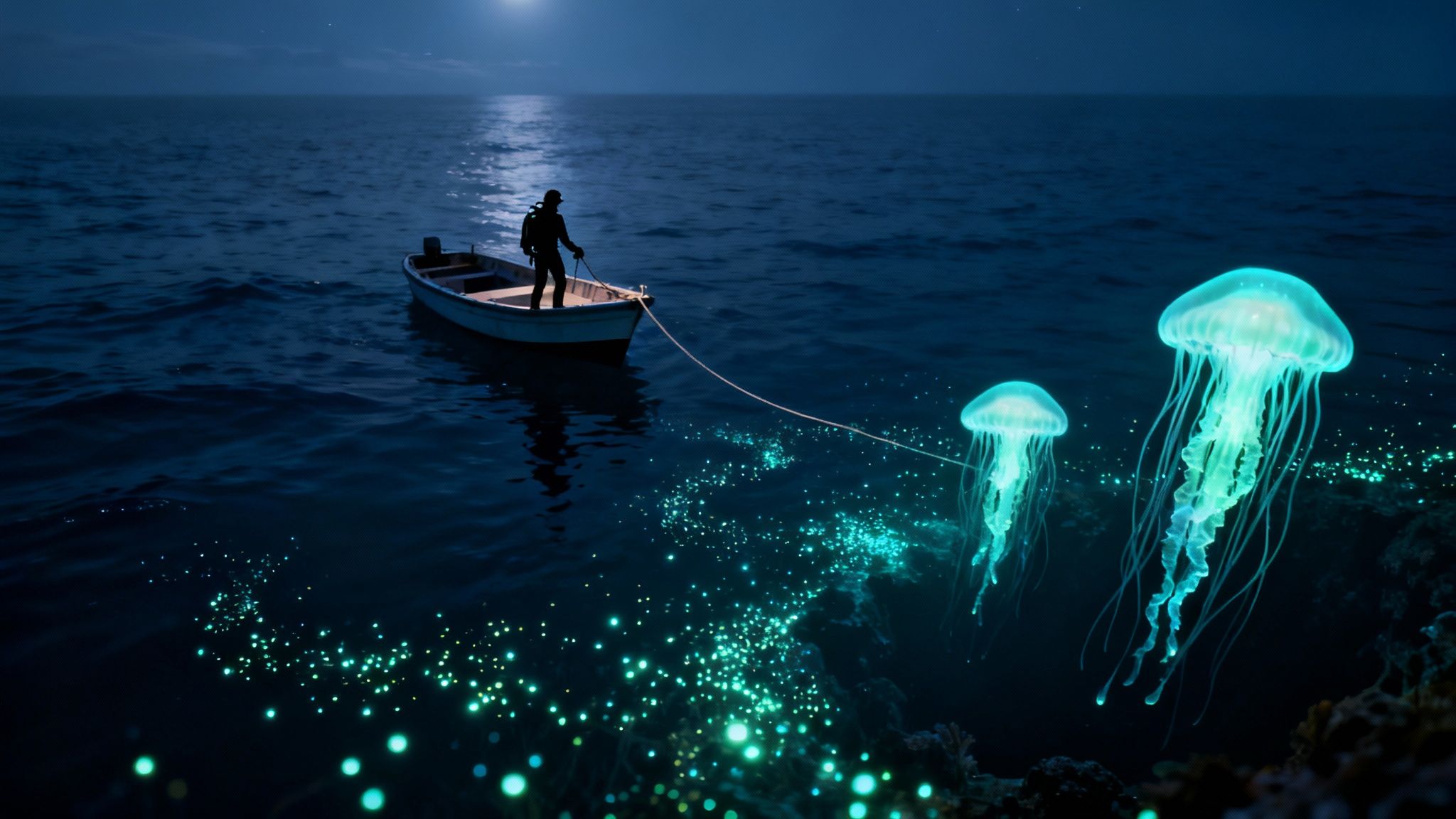 A diver shines a light on a surreal, bioluminescent creature during a blackwater dive in the deep ocean off Kona, Hawaii.