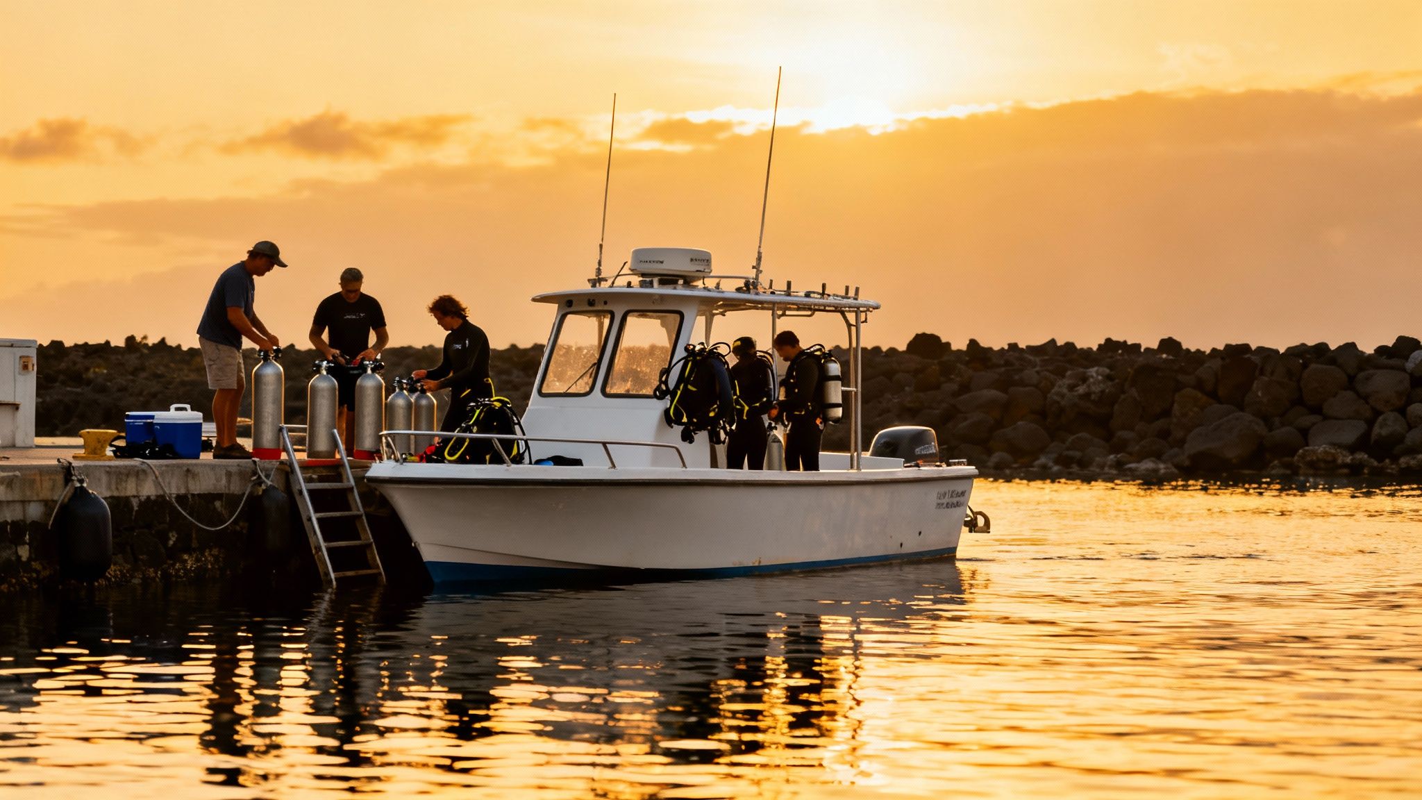 Divers preparing scuba gear and tanks on a dock next to a boat at golden sunset.