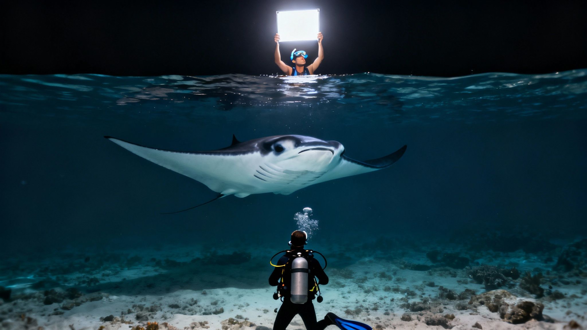 Snorkelers and divers together during a manta ray night dive in Kona.