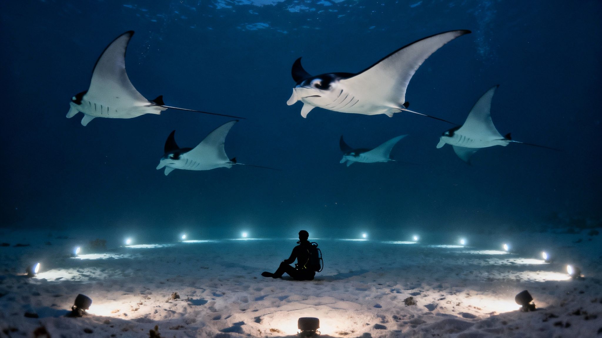 A large manta ray glides gracefully over a group of scuba divers at night, illuminated by their lights on the ocean floor.