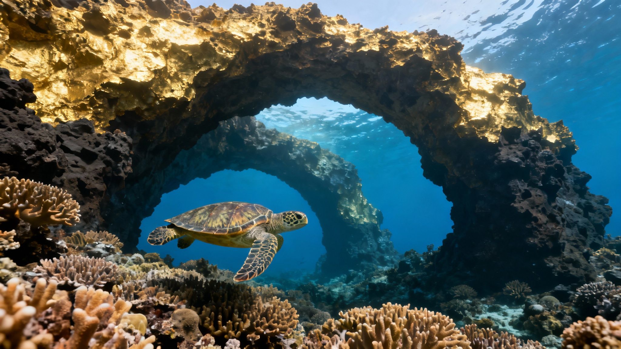A school of yellow tang fish swims over a vibrant coral reef in clear blue Hawaiian waters.