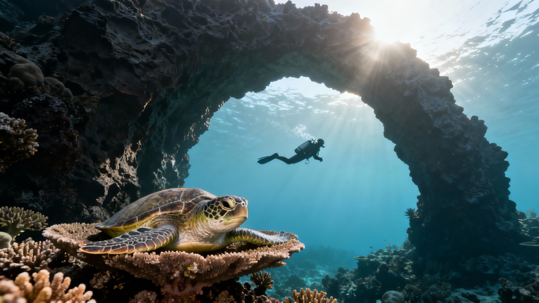 A vibrant underwater scene with a green sea turtle, a scuba diver, and sunlight through a rocky arch.