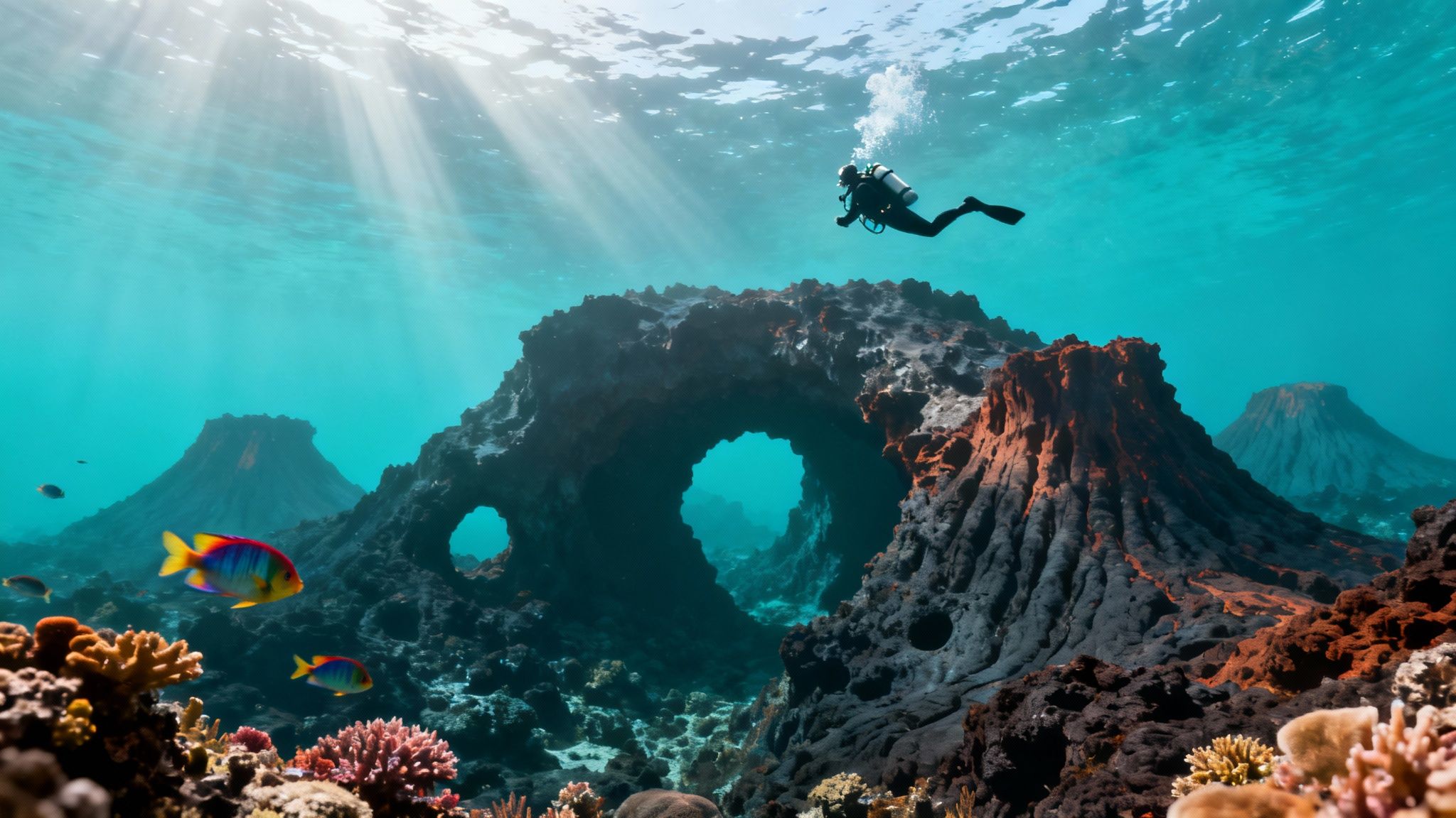 A scuba diver swims over a coral reef with vibrant yellow fish.