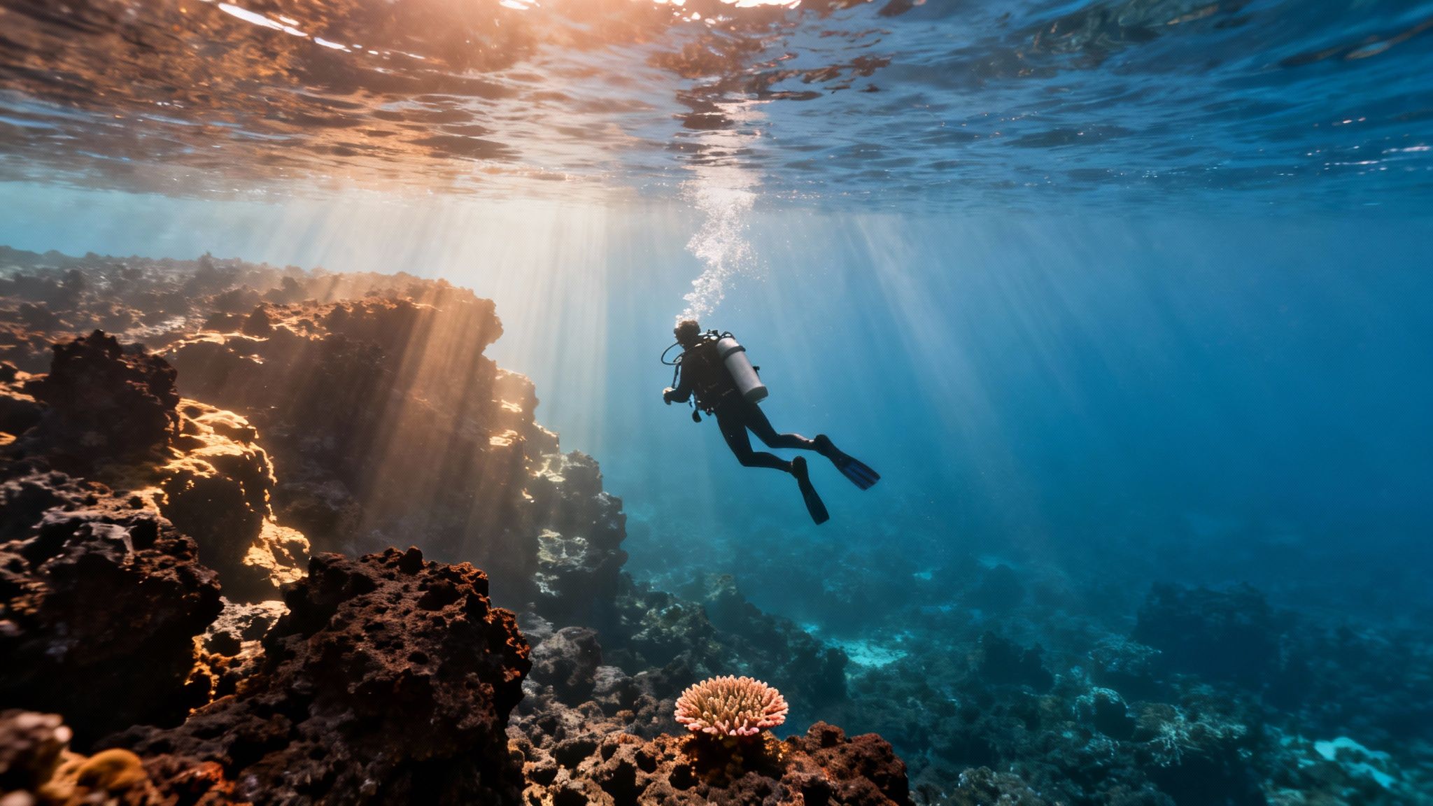 A lone scuba diver exploring a vibrant coral reef with sunbeams filtering through the clear blue water.