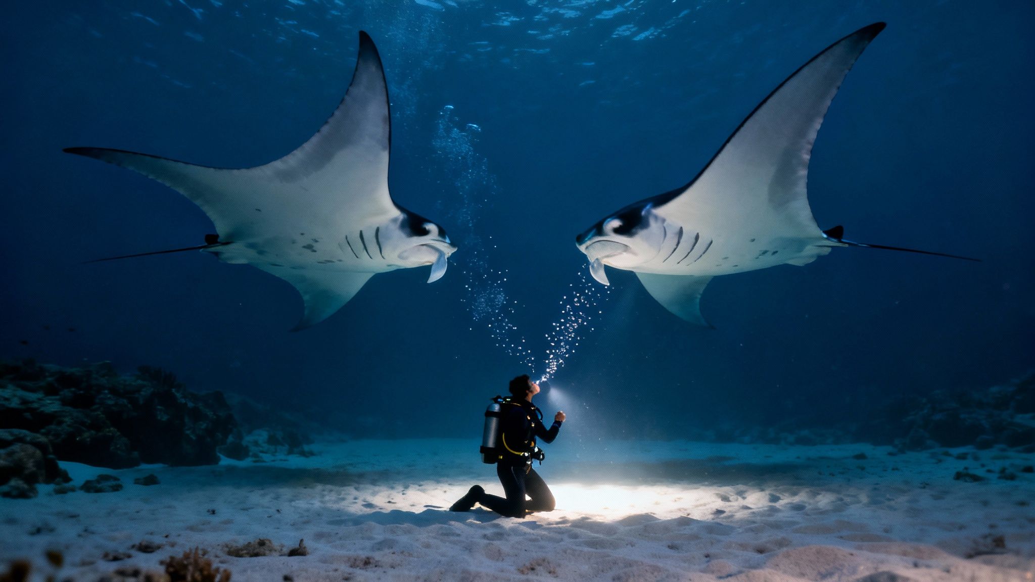 A scuba diver kneels on the sandy seabed, shining a light up at two majestic manta rays swimming above.