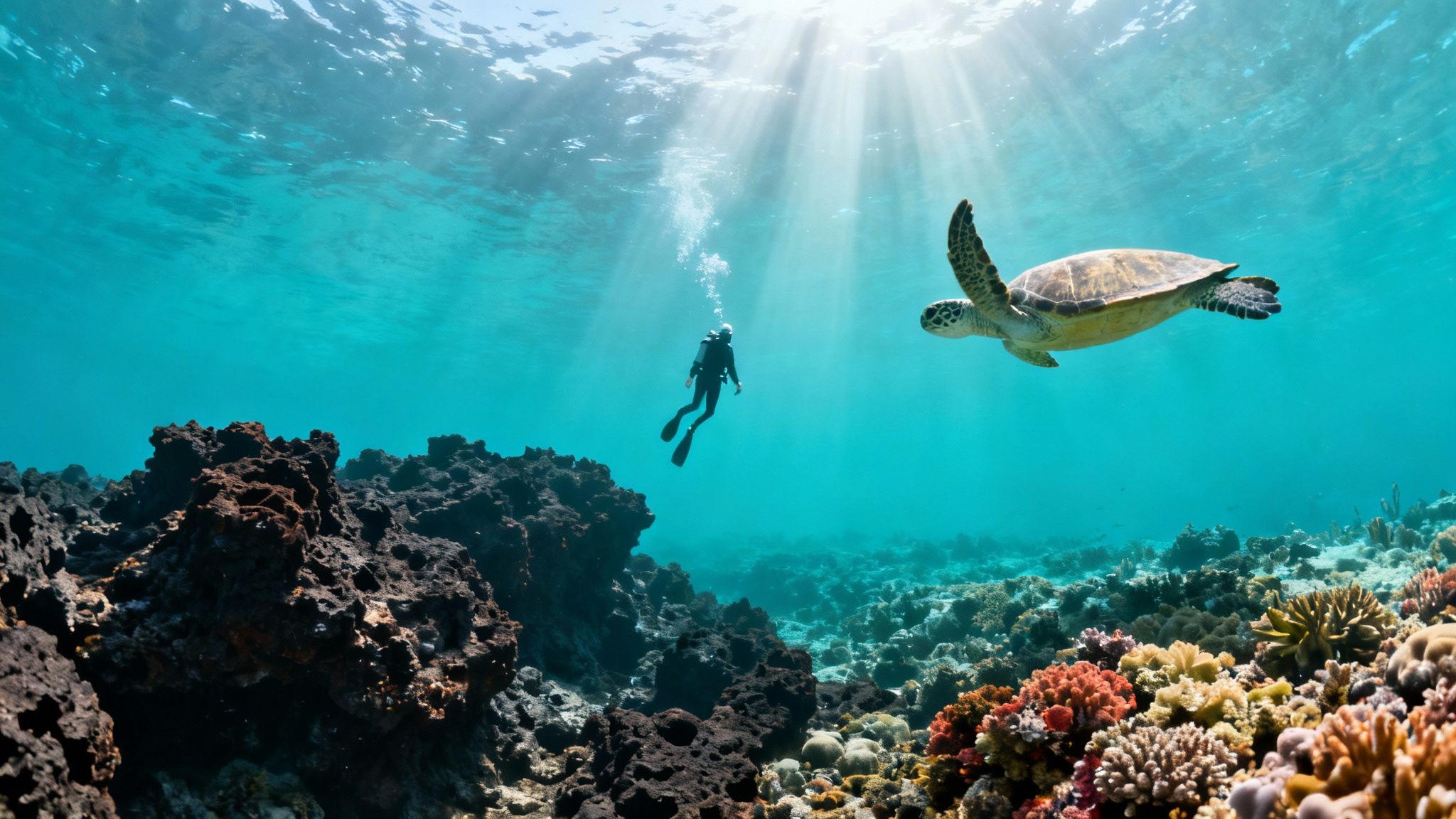 An underwater shot of a diver swimming next to a green sea turtle above a vibrant coral reef.