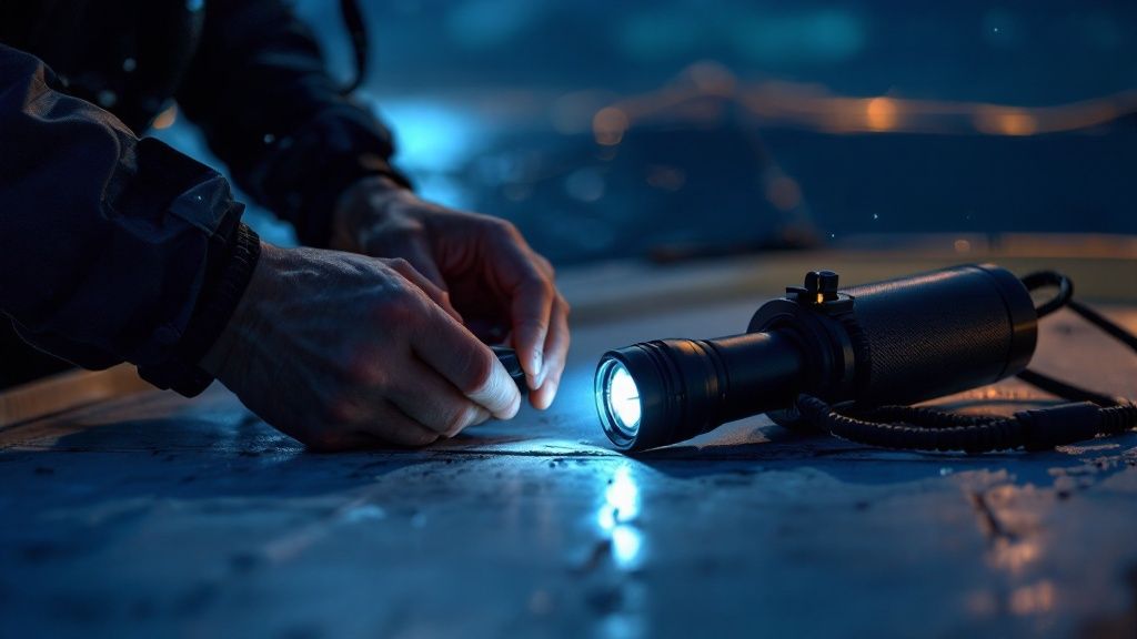 A group of manta rays gracefully swimming at night, illuminated by dive lights.