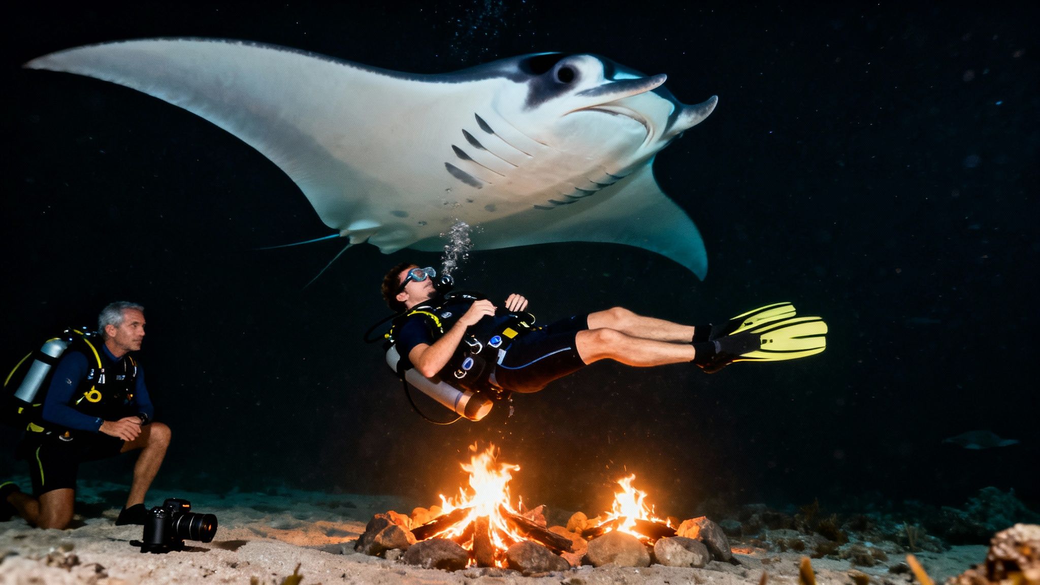 Two divers and a majestic manta ray explore an illuminated underwater world at night.