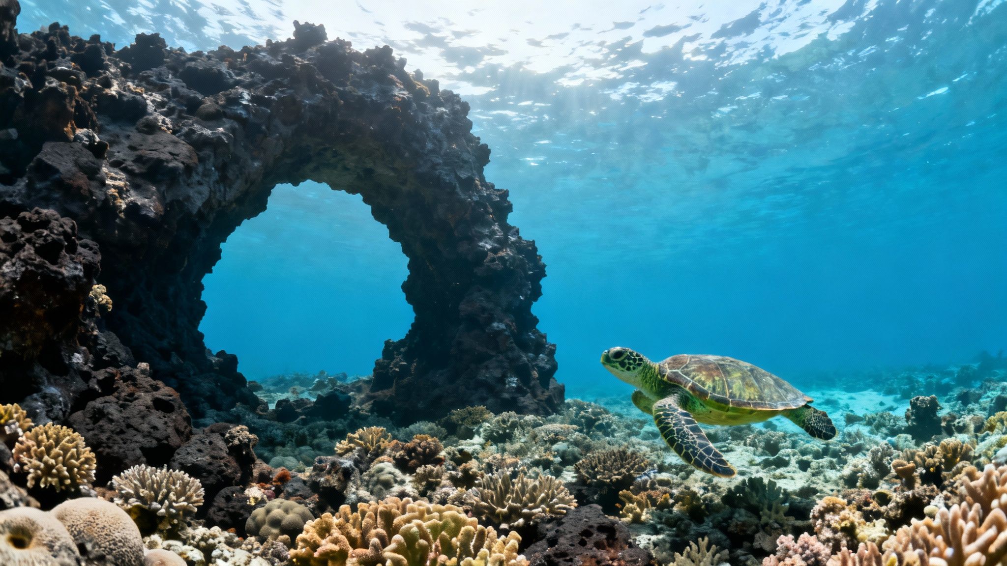 Sea turtle swimming near coral reef and volcanic rock arch in clear tropical waters