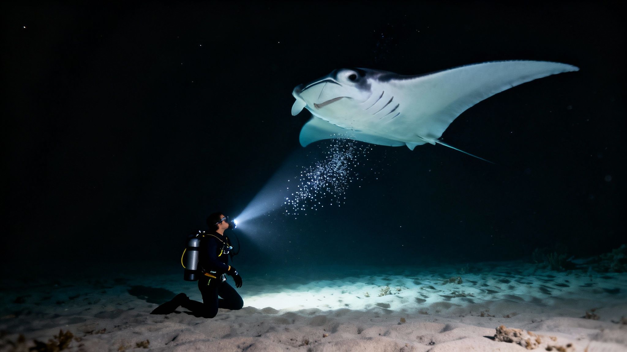 Giant manta ray gliding gracefully over scuba divers during a night dive on the Big Island of Hawaii.
