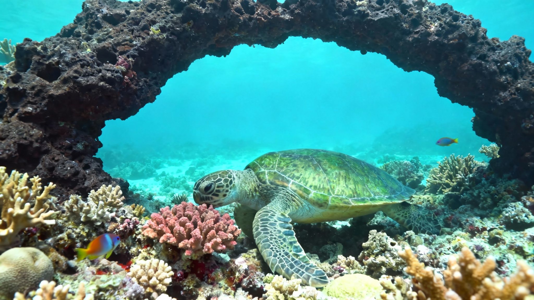 A green sea turtle swims near vibrant coral reefs and a natural rock arch underwater.