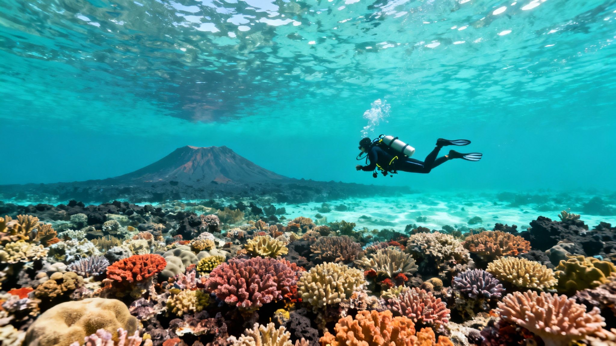 Scuba diver swimming over vibrant coral reef with volcano view in Hawaii