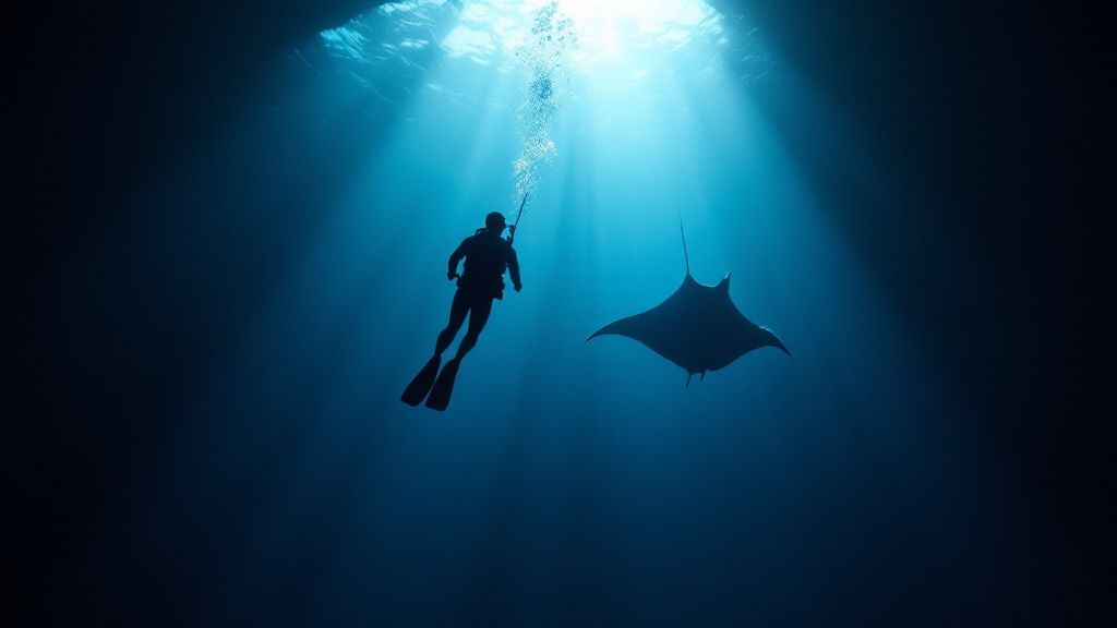A diver observing a manta ray from a safe distance, demonstrating responsible interaction.