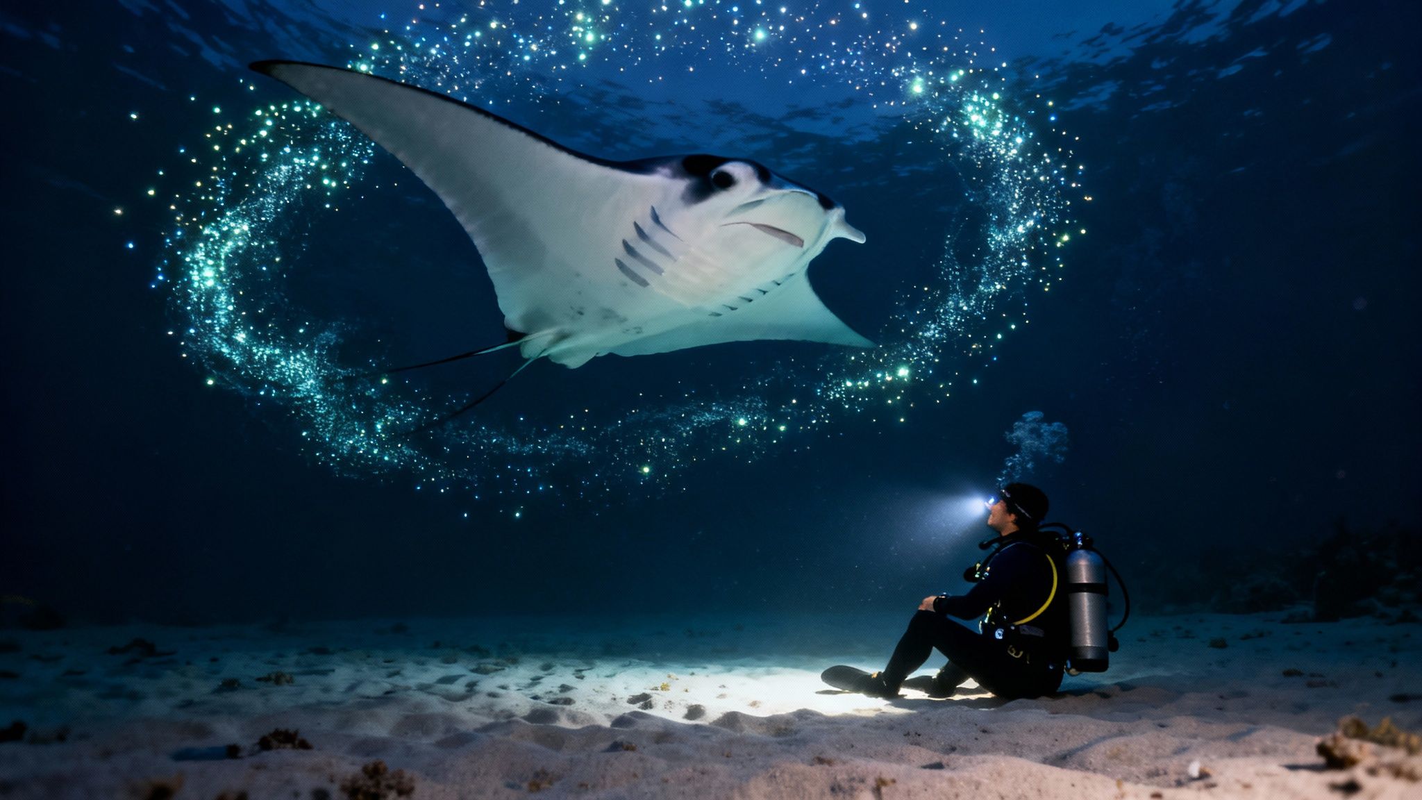 A massive manta ray swims gracefully over a group of scuba divers shining their lights up from the ocean floor.