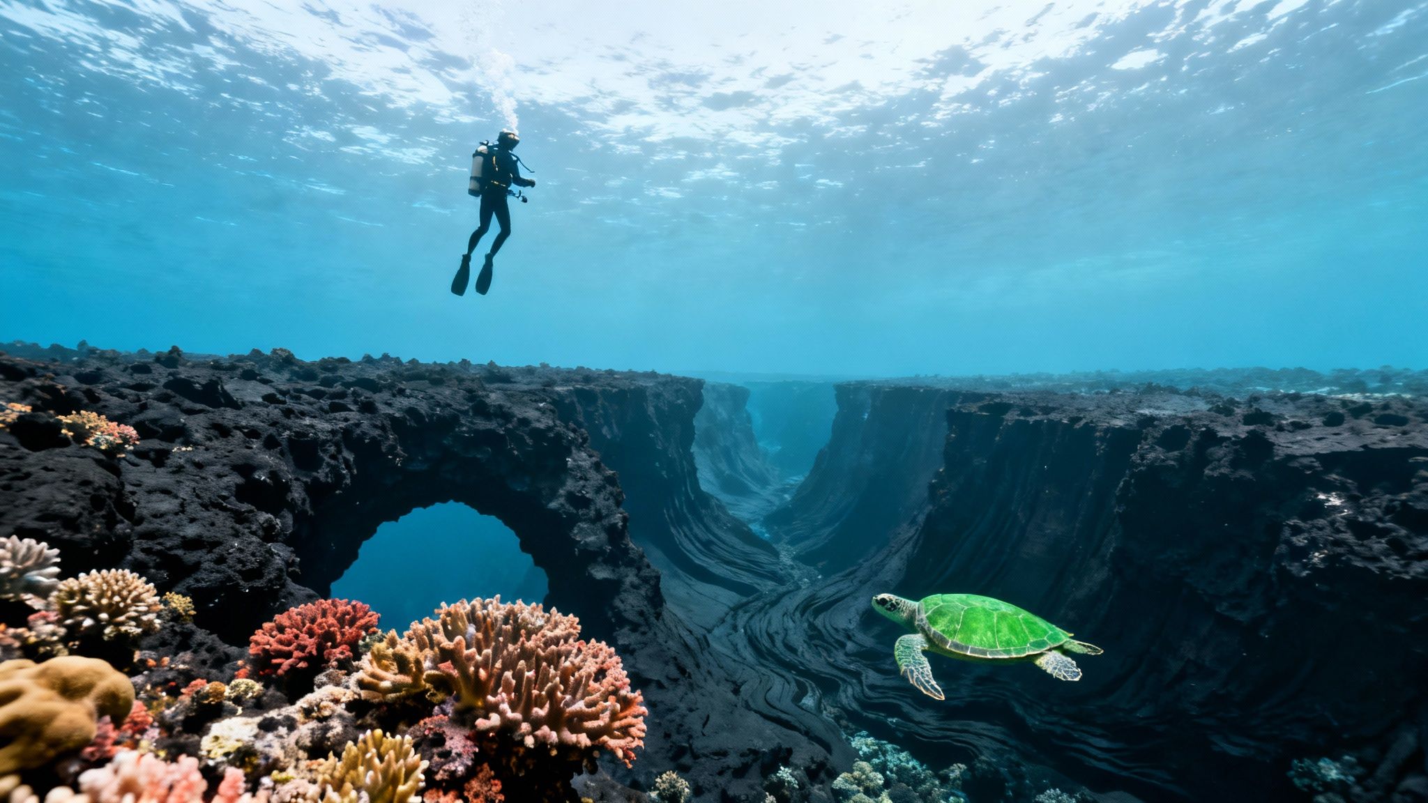 A scuba diver floats near vibrant coral reefs, a dark underwater canyon, and a green sea turtle.