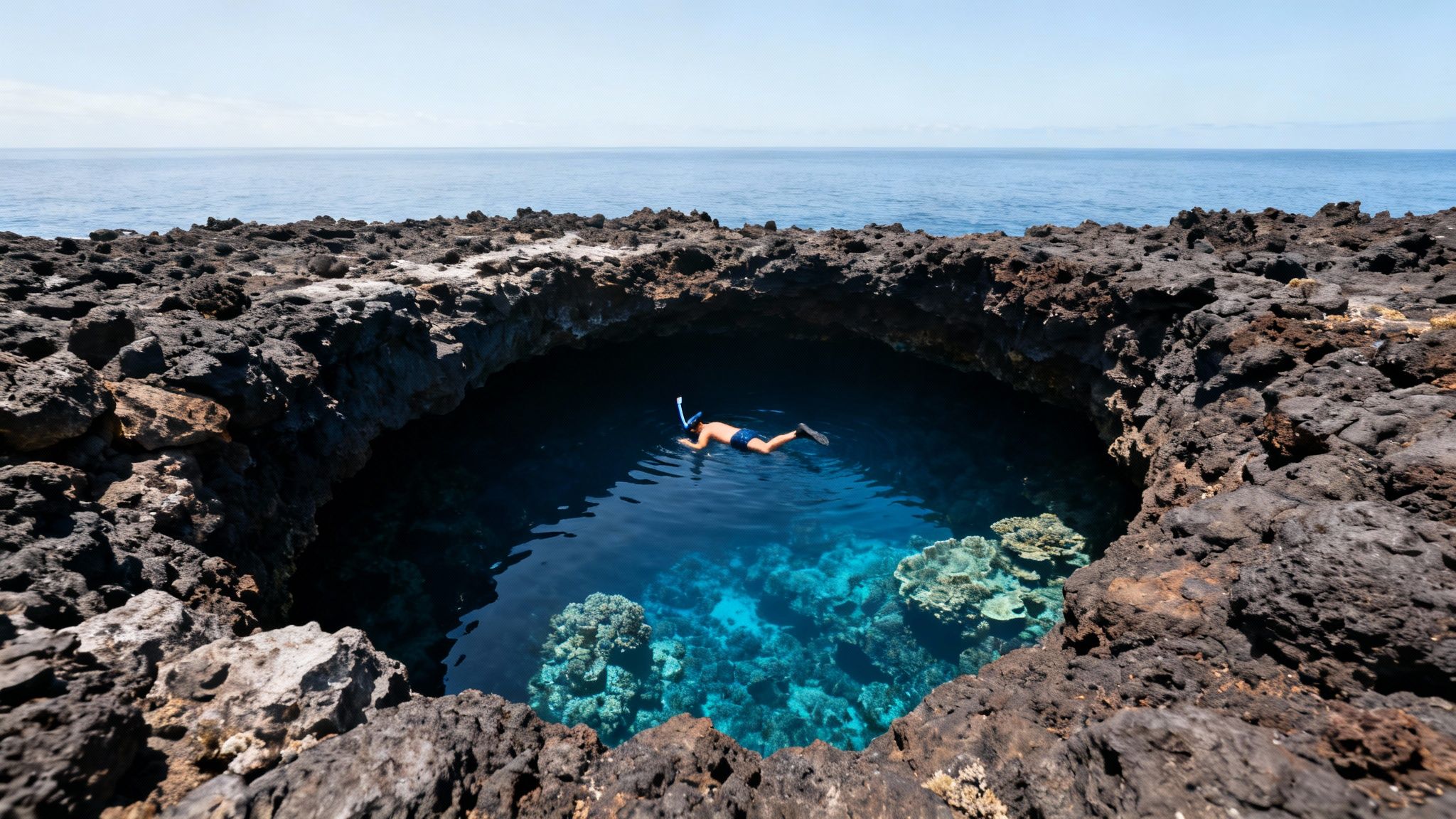 Person snorkeling in a vibrant blue ocean hole surrounded by dark volcanic rock, with coral reefs.