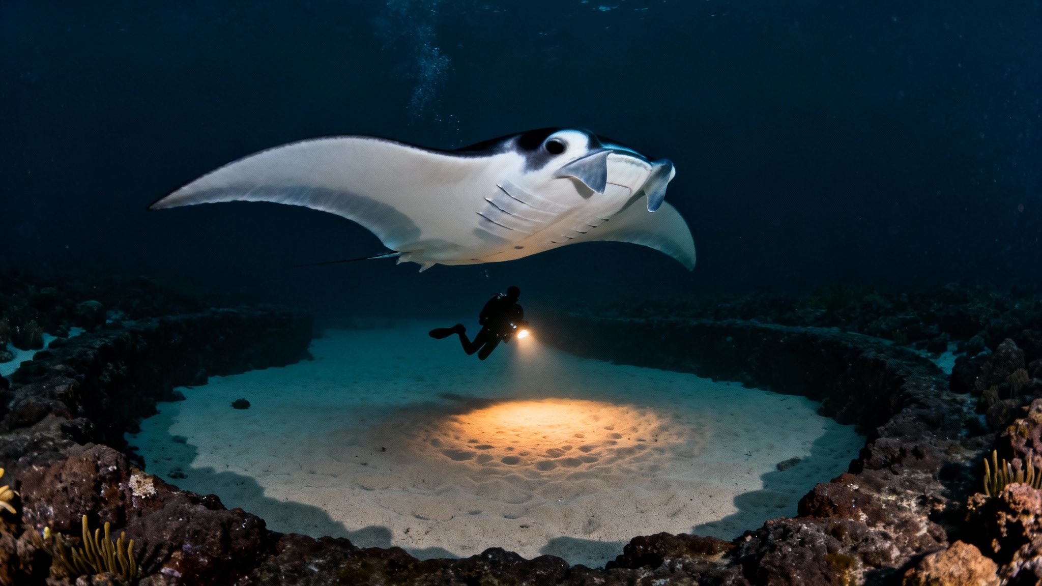 A majestic manta ray swims above a scuba diver illuminating the sandy seabed at night.