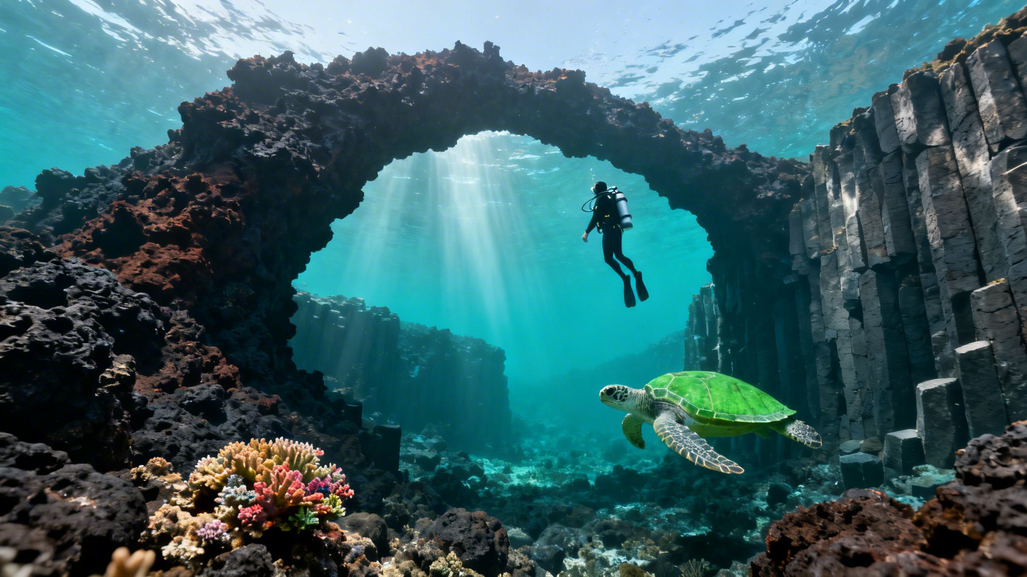 A scuba diver swims under a natural rock arch with a sea turtle, coral, and basalt columns.