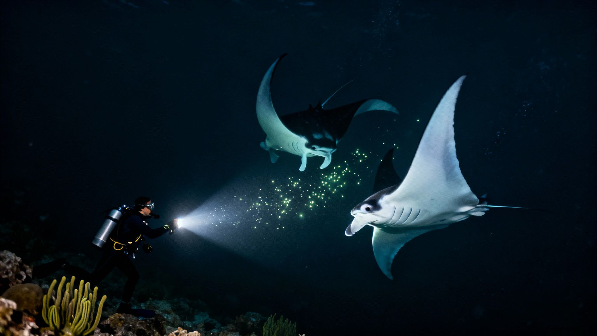 A manta ray gracefully swims in the dark waters of Hawaii during a night dive