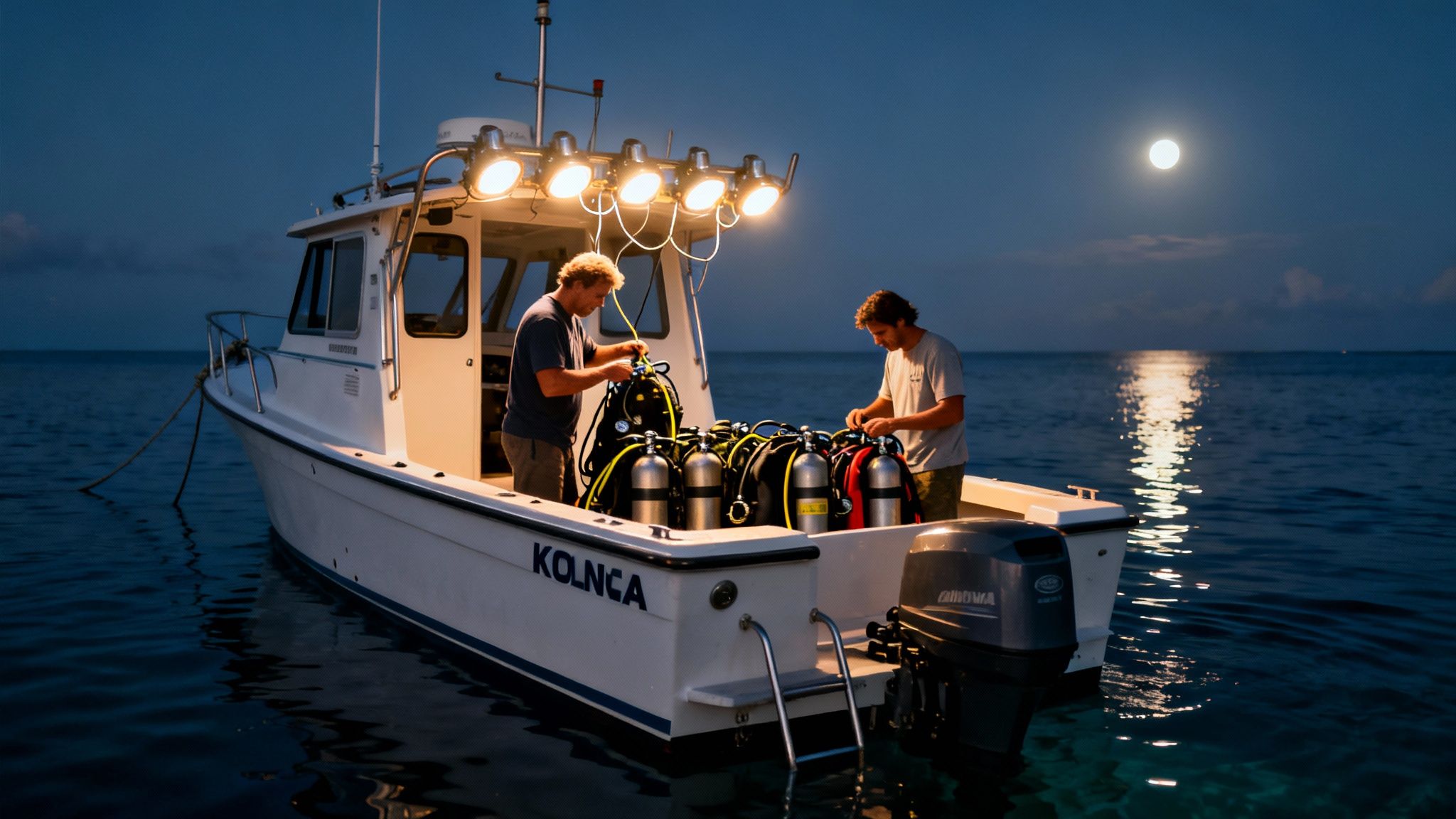 Two men on a boat at night, preparing scuba gear under bright lights with a full moon.