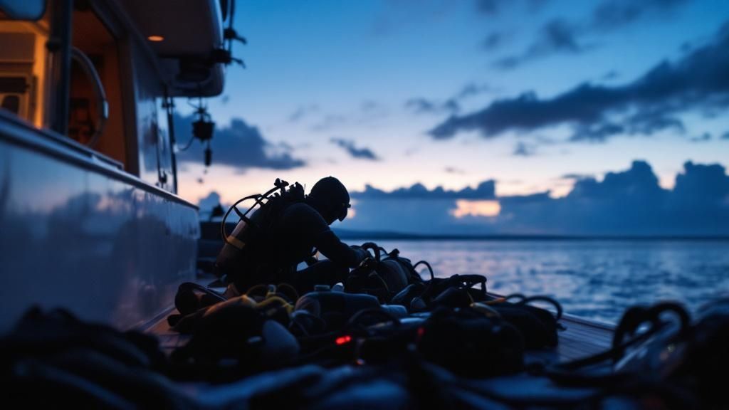 Group of snorkelers preparing their gear on a dive boat at dusk in Kona