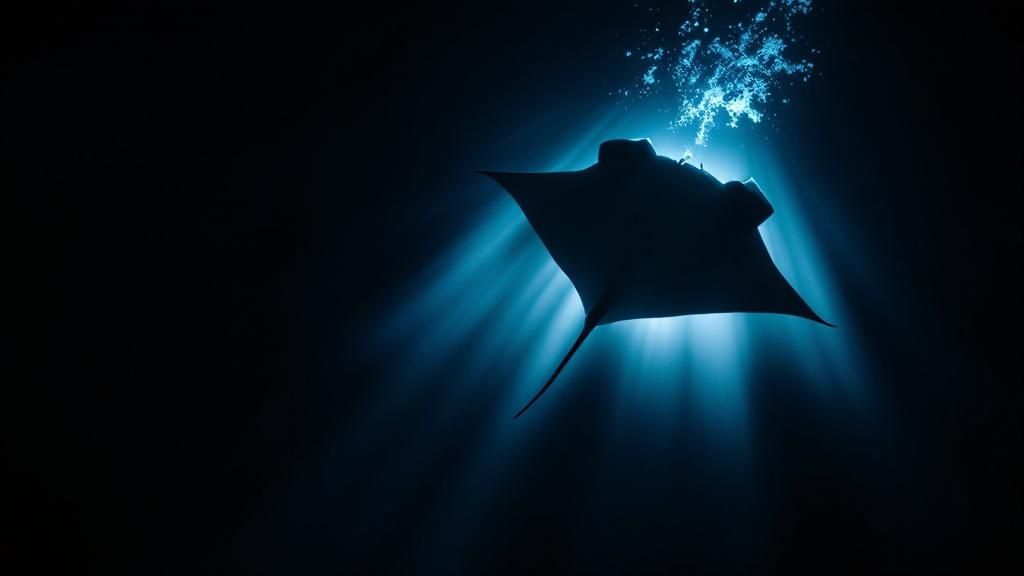 A manta ray illuminated by lights glides through dark water at night in Kona.