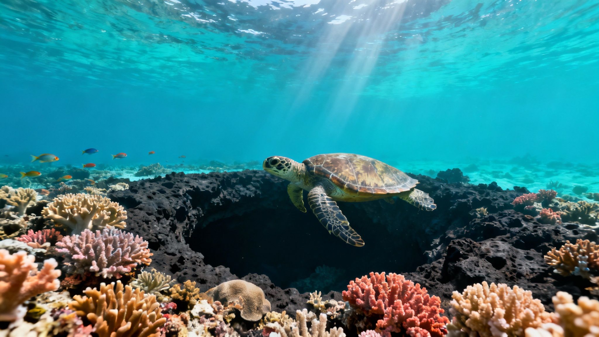 A green sea turtle swims gracefully over a vibrant coral reef near a dark underwater cave.