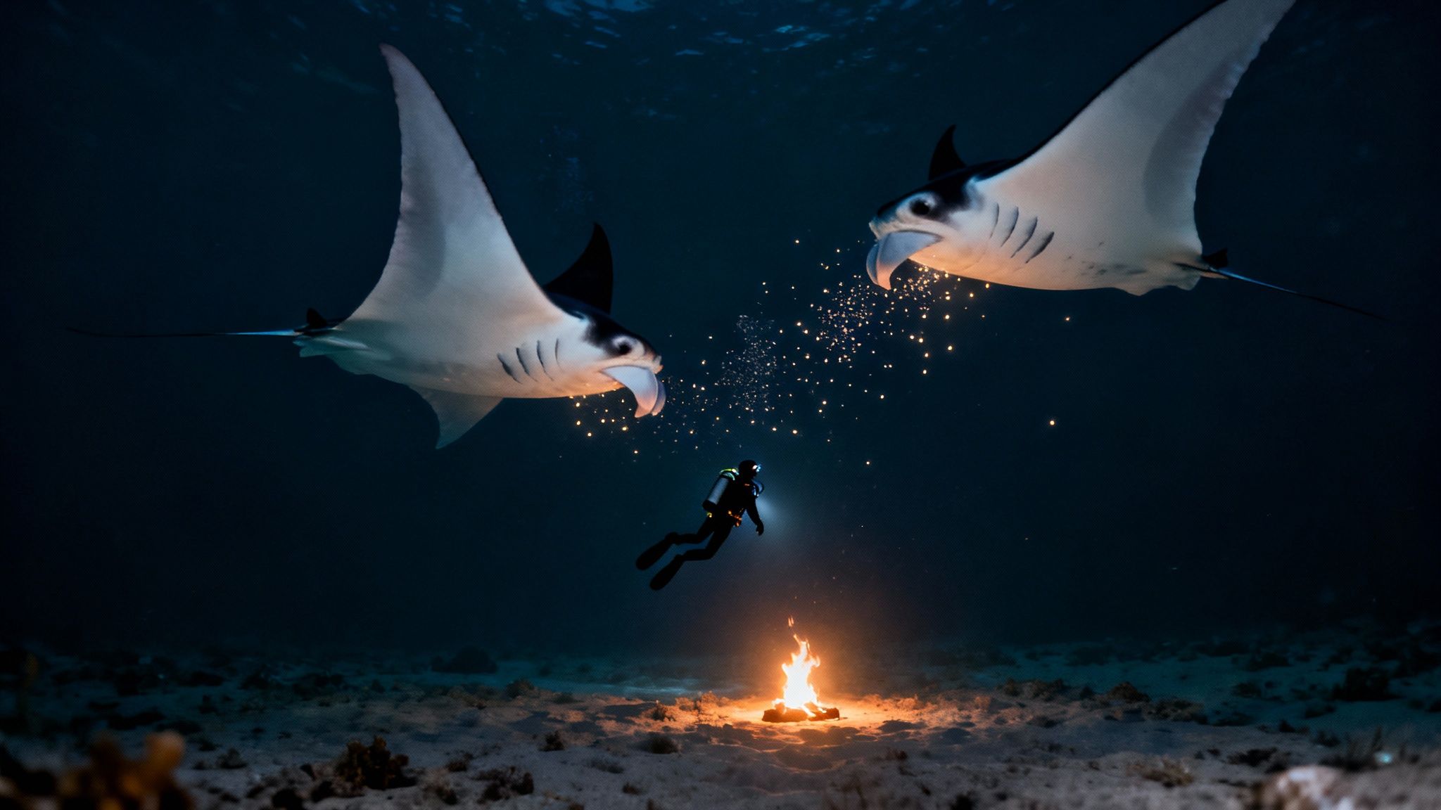 Two manta rays interact with a scuba diver near an underwater bonfire, emitting glowing particles.