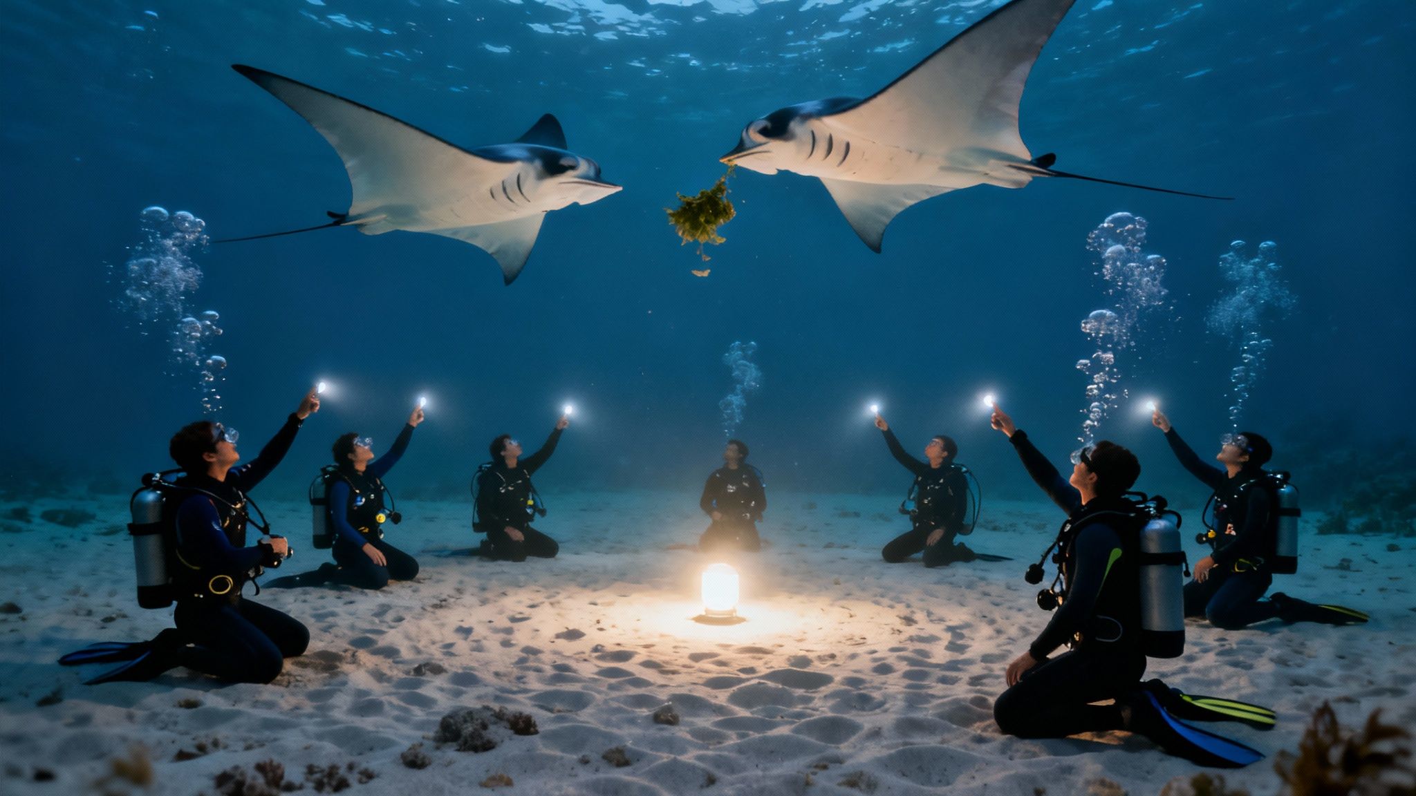 Scuba divers kneeling in circle with lights underwater while manta rays glide overhead