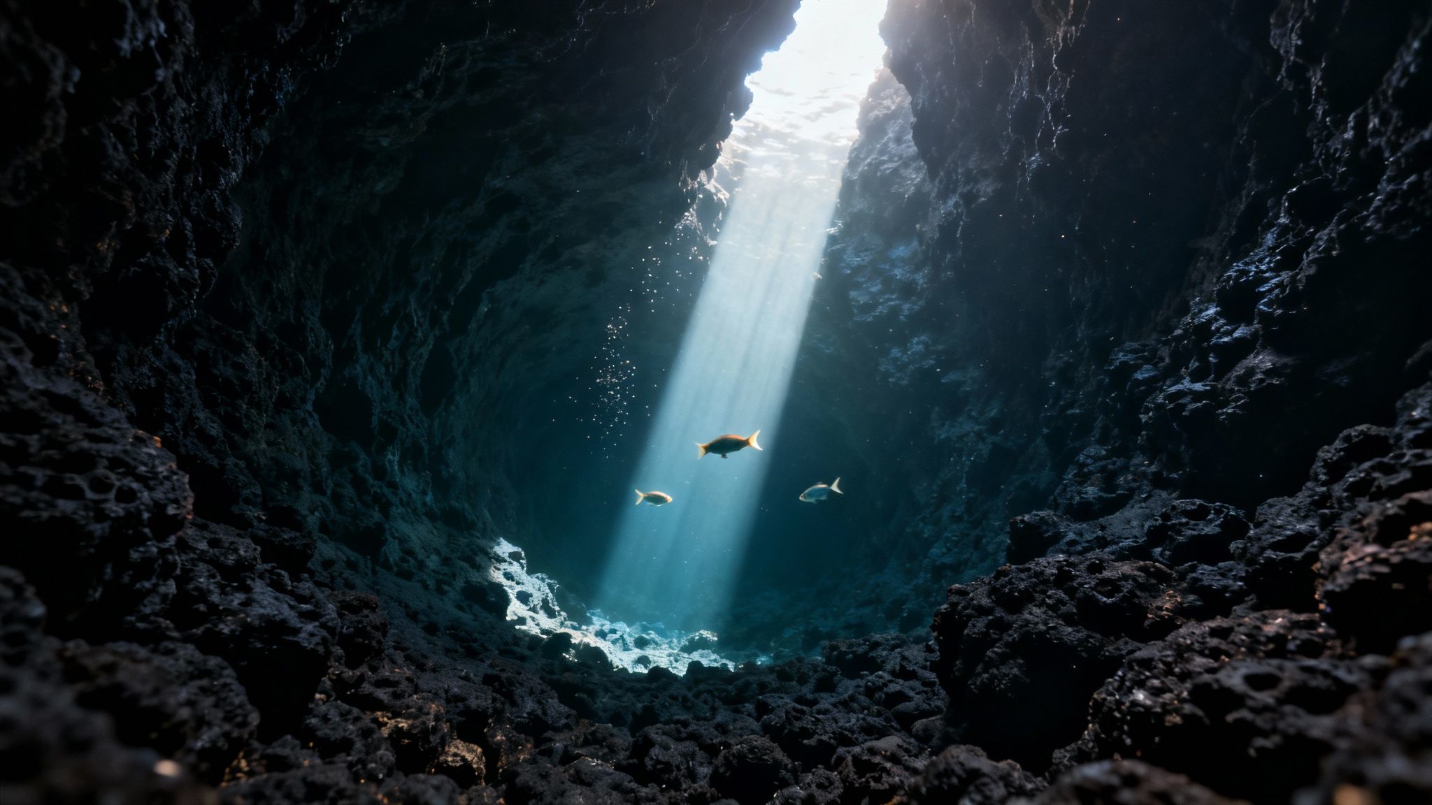 Sunlight penetrates a dark underwater cave, illuminating three fish swimming in clear blue water.