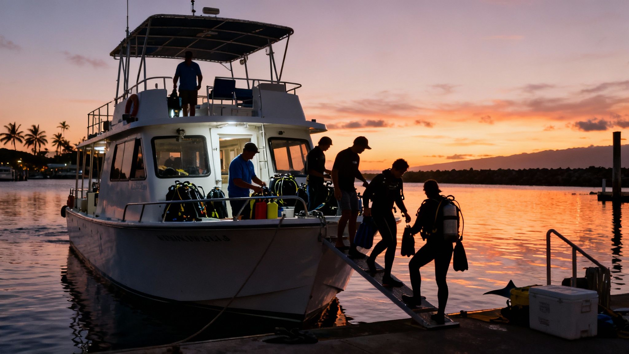 Silhouettes of divers and crew on a boat at sunset, preparing for a night dive.