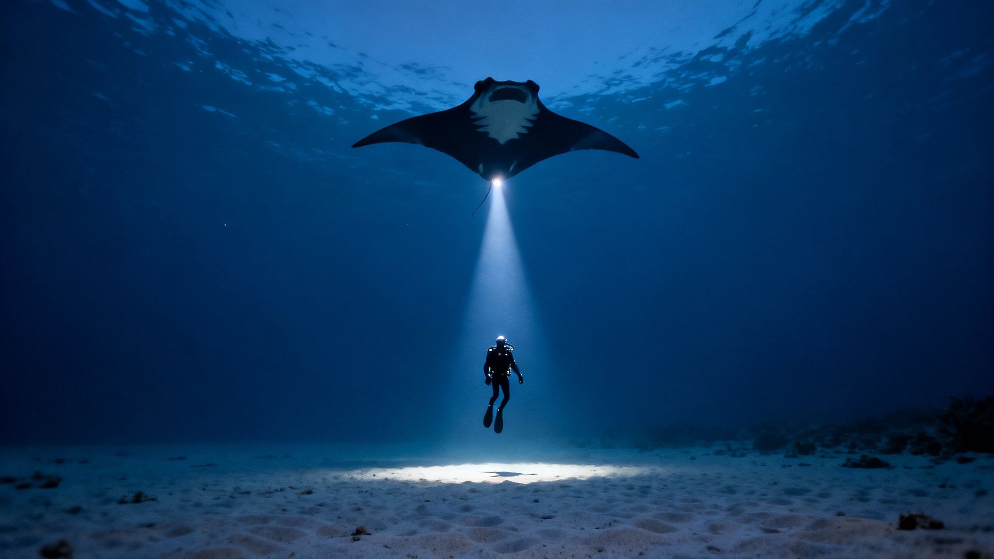 A massive manta ray swims gracefully over scuba divers during a night dive in Kona, Hawaii.