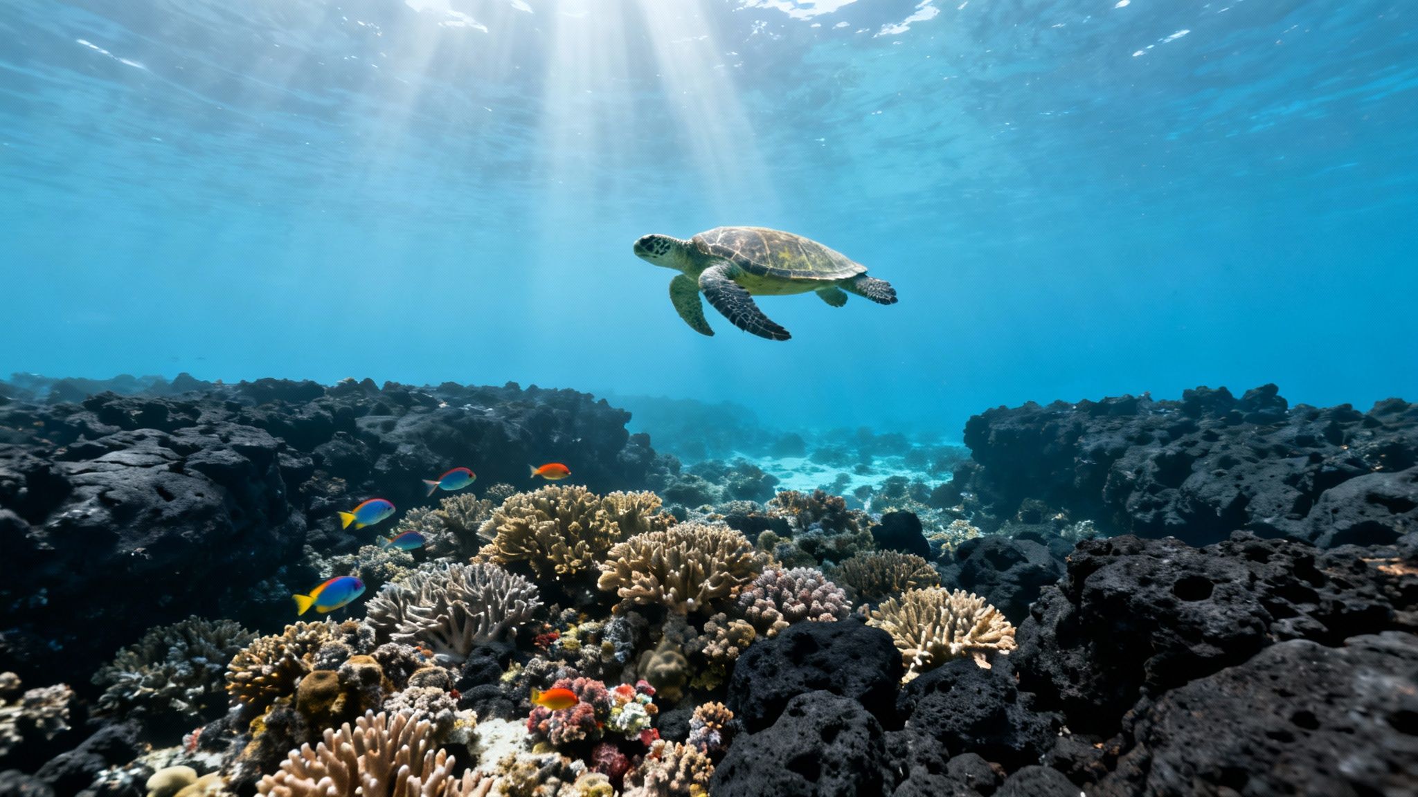 A sea turtle swims gracefully underwater amidst colorful coral reefs and dark volcanic rocks, with sun rays from above.