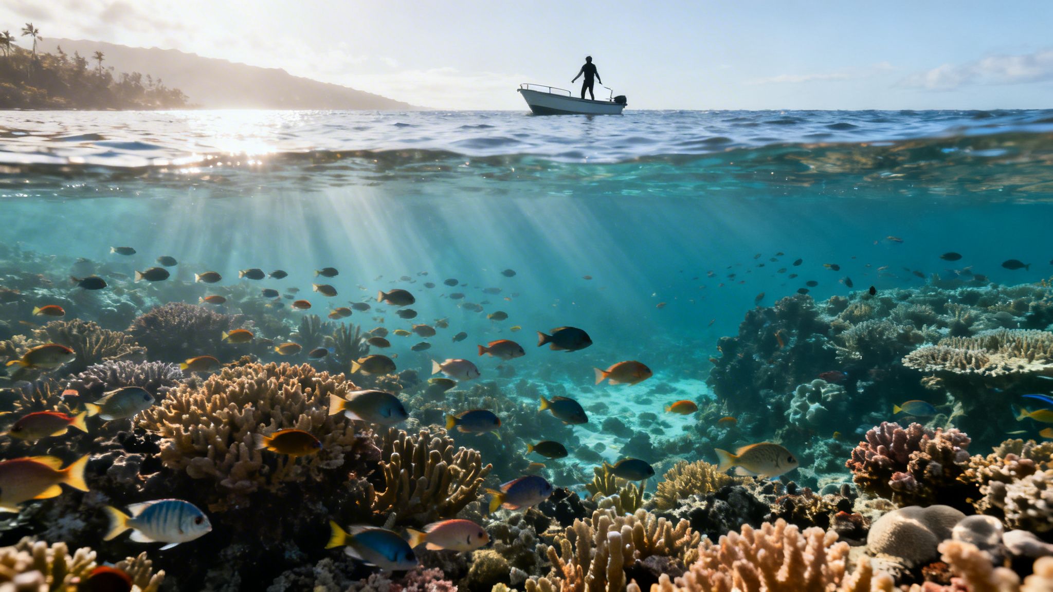 A stunning split-level view of a vibrant coral reef teeming with fish and a boat with a person above.