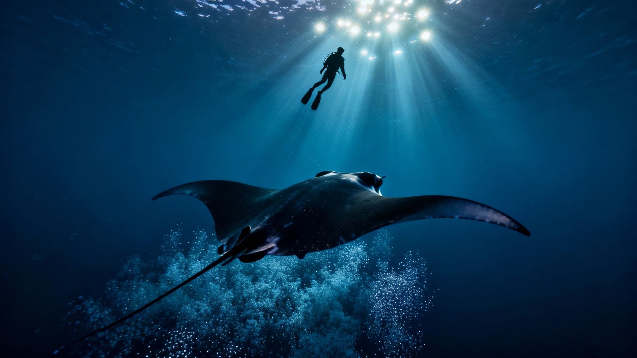 A diver's silhouette floats above a majestic manta ray, illuminated by sun rays underwater.